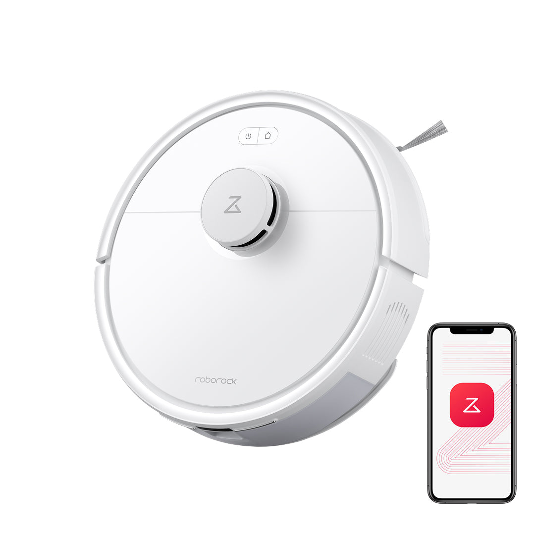 White robot vacuum and mop with top control button and side brush