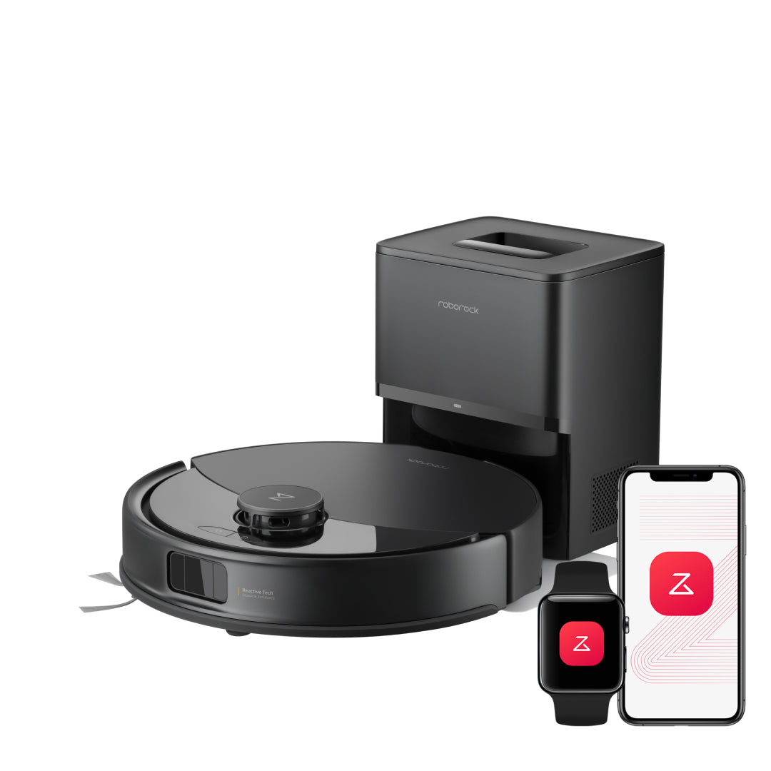 Black robot vacuum and mop with auto-empty dock and smartphone app control