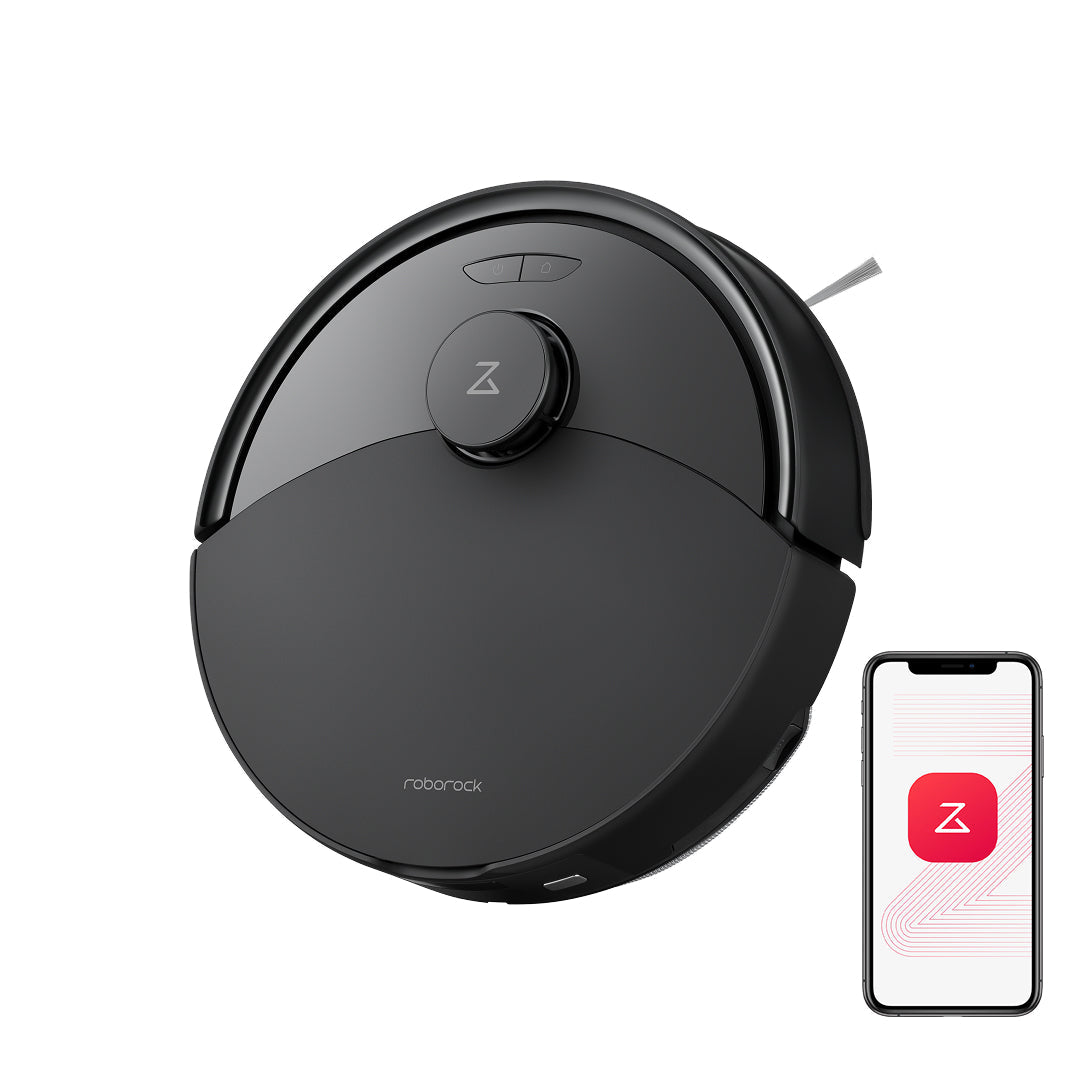 Black robot vacuum and mop with top control button and phone app preview