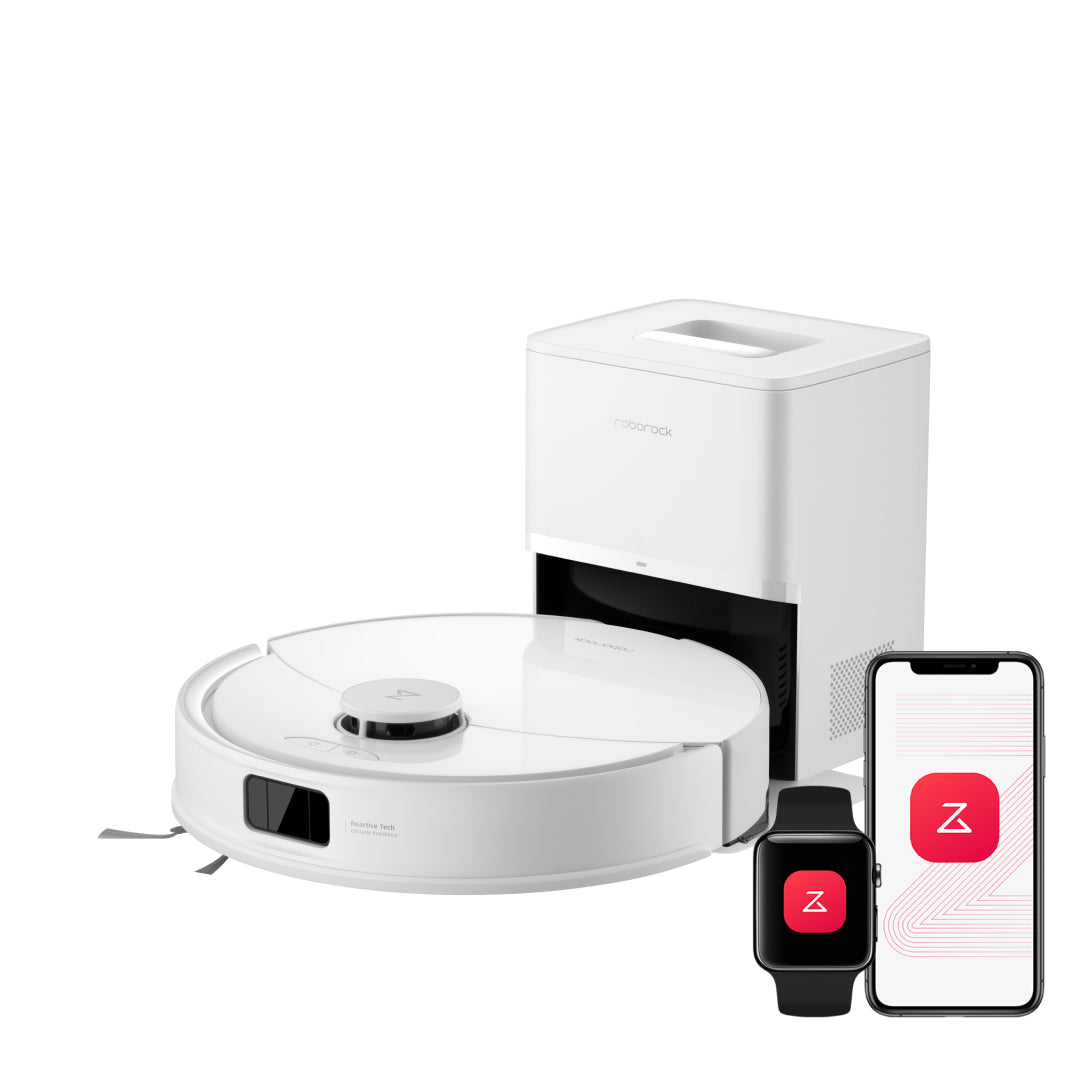 White robot vacuum and mop on auto-empty dock with smartphone app control