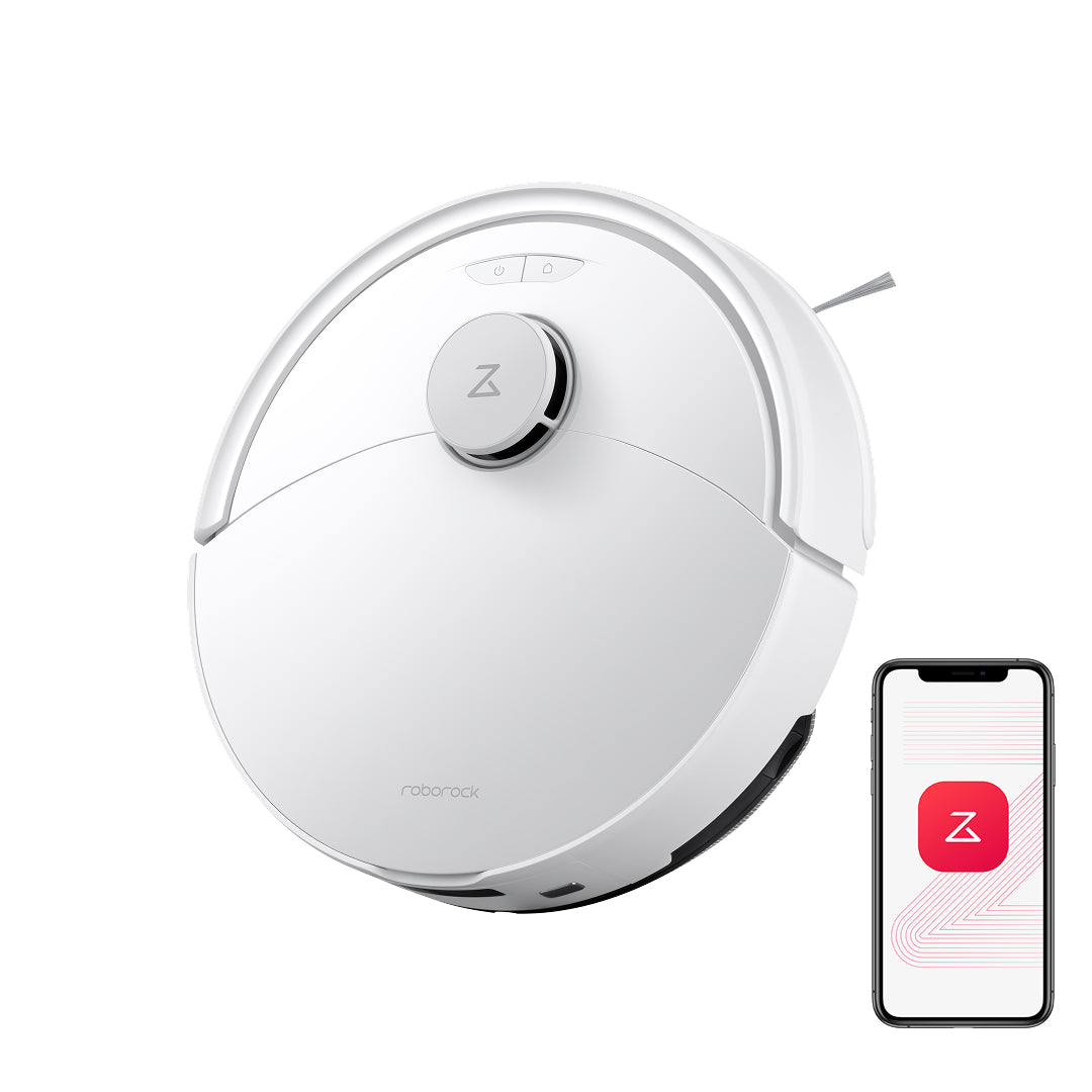 White robot vacuum and mop with top button and companion smartphone screen
