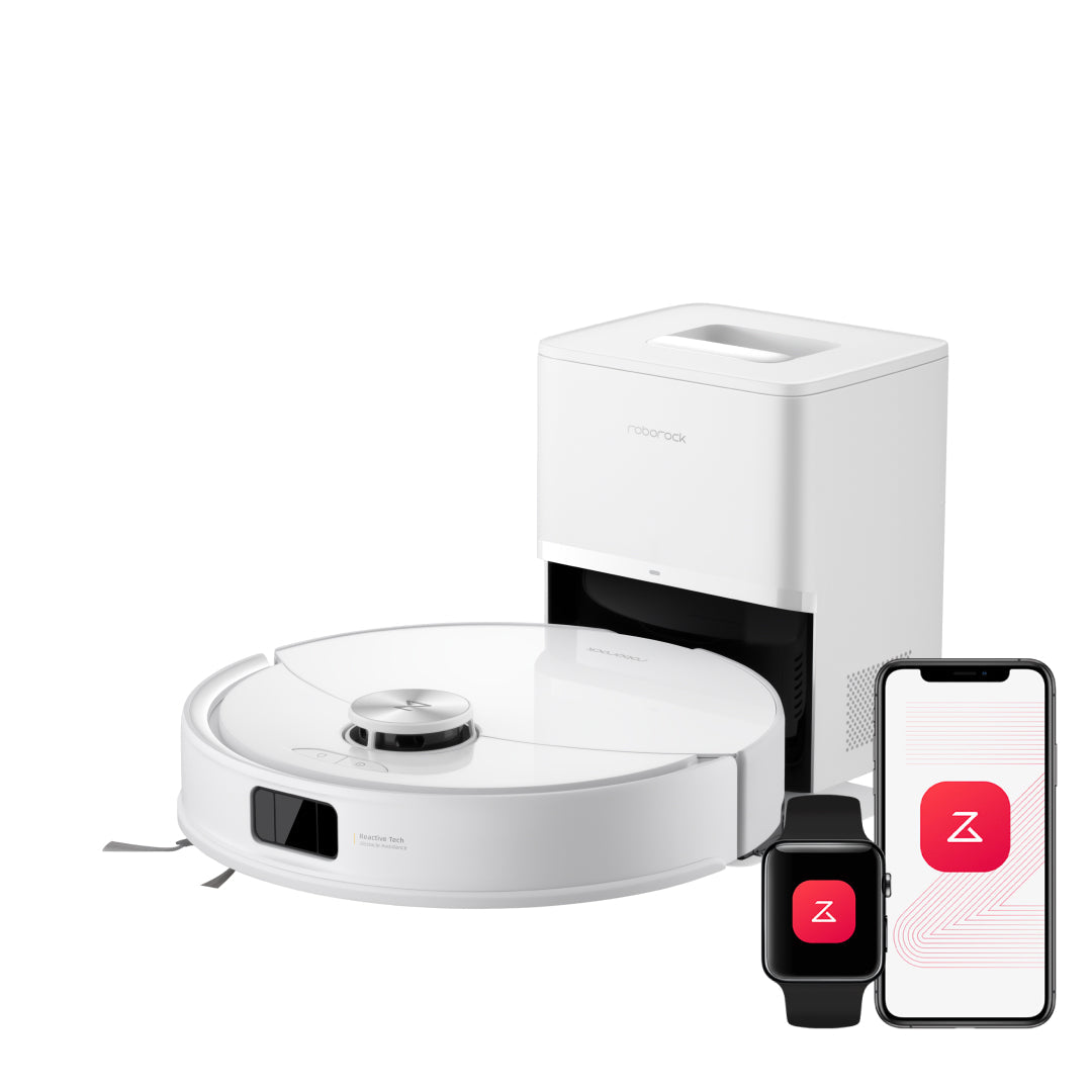 White robot vacuum and mop with auto-empty dock and smartphone app control