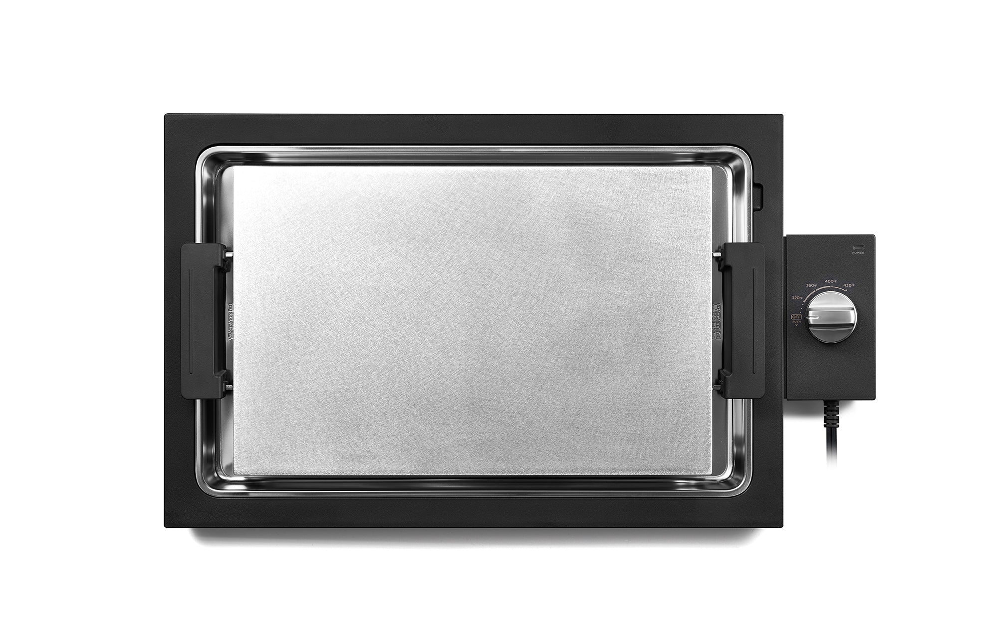 BALMUDA black teppanyaki hot plate with open stainless cooking plate and side handles