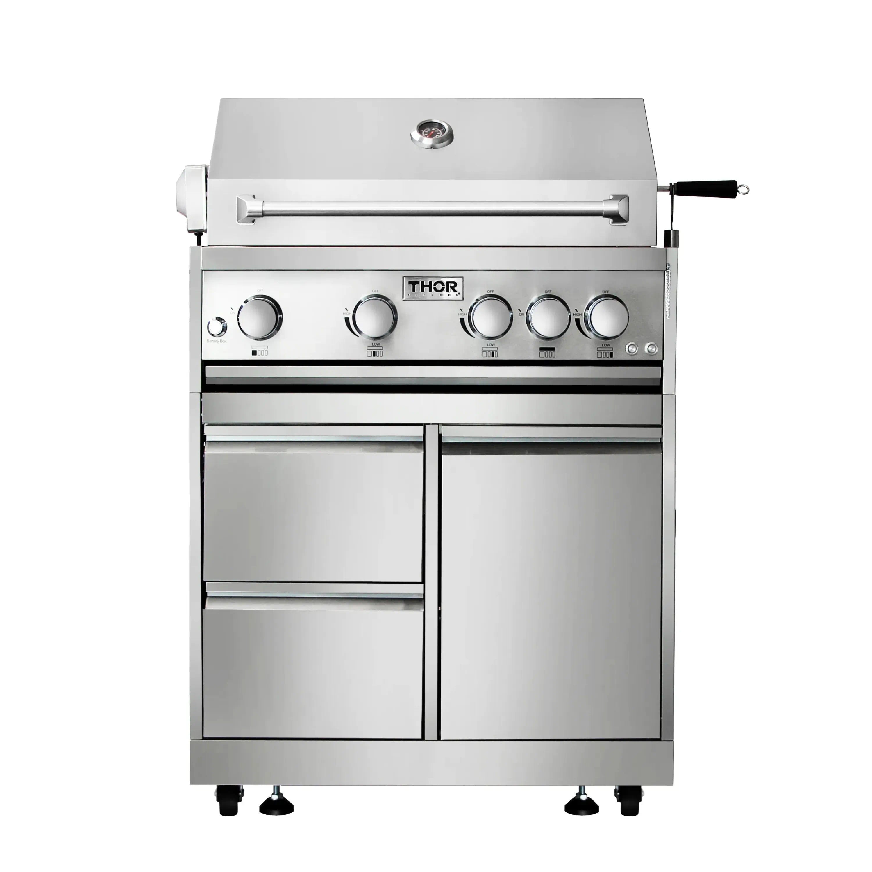 Thor Kitchen freestanding gas grill in stainless steel with front control knobs