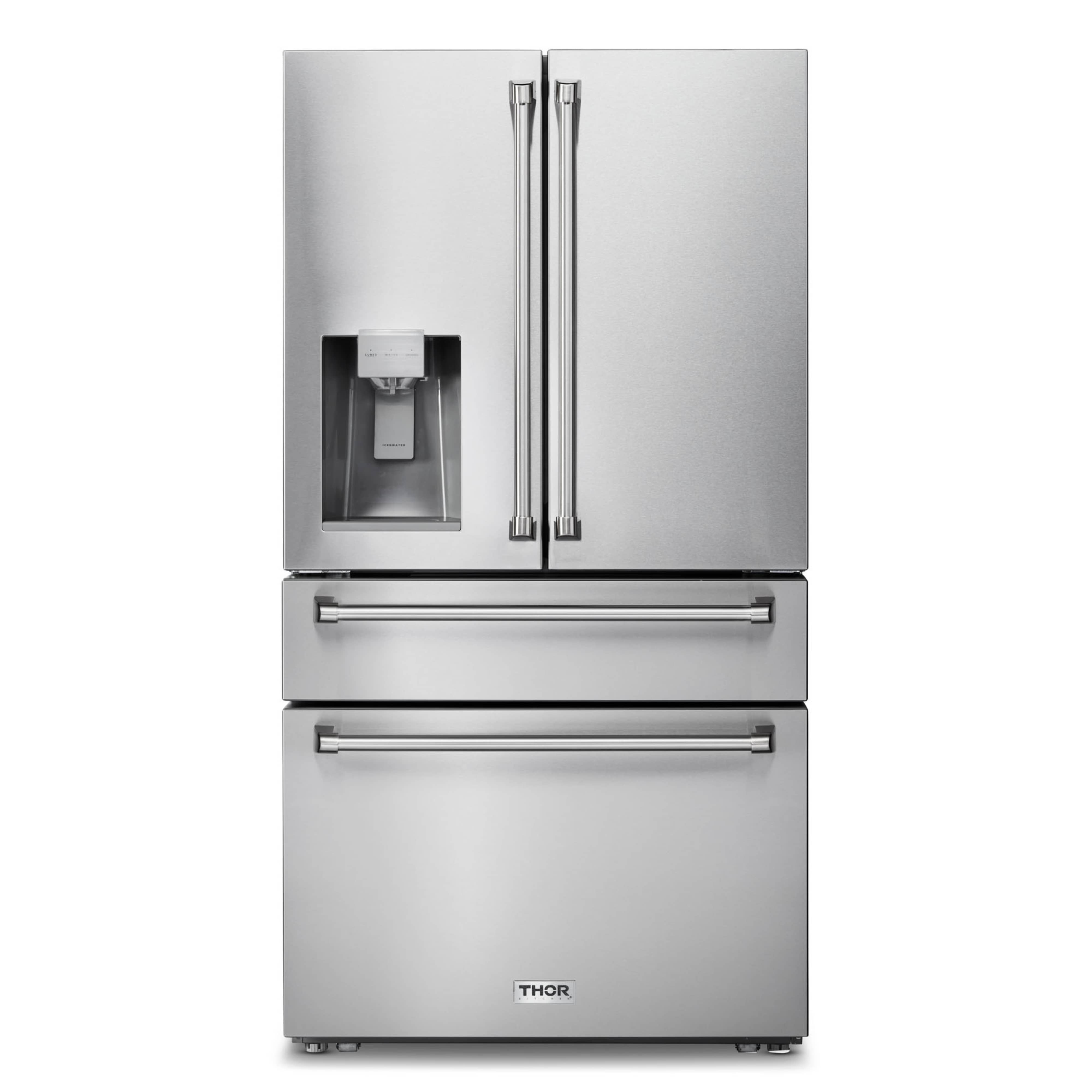 Stainless steel French door refrigerator with water and ice dispenser, Thor logo on front