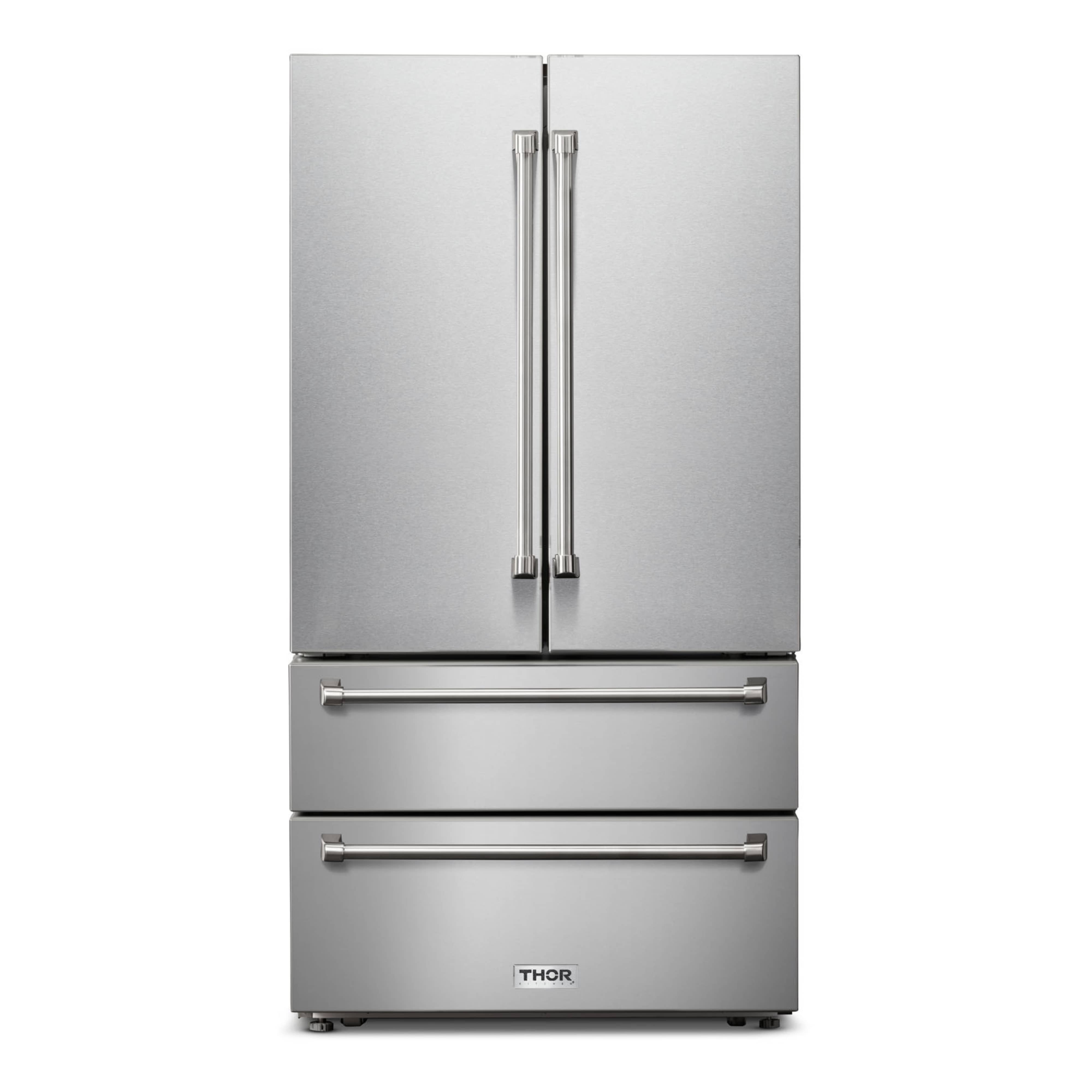 Stainless steel French door refrigerator front view with bottom freezer drawers
