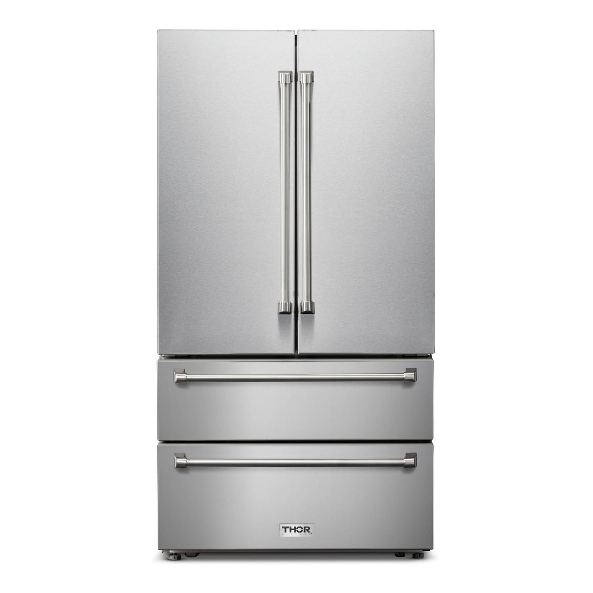 Stainless steel French door refrigerator with bottom freezer drawers