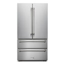 Stainless steel French door refrigerator front view with bottom freezer drawers