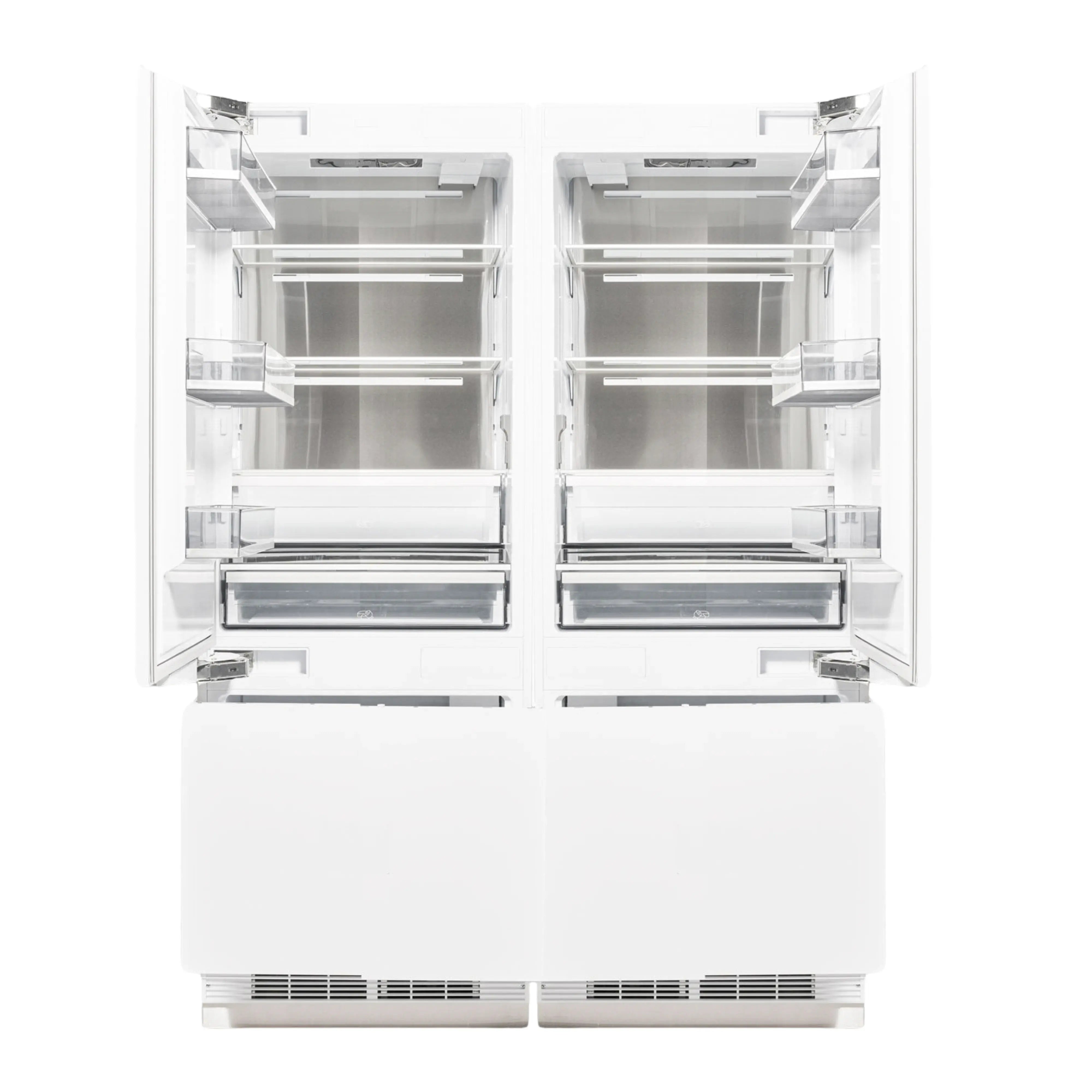 Panel-ready refrigerator with bottom freezer, open doors, shelves, and drawers