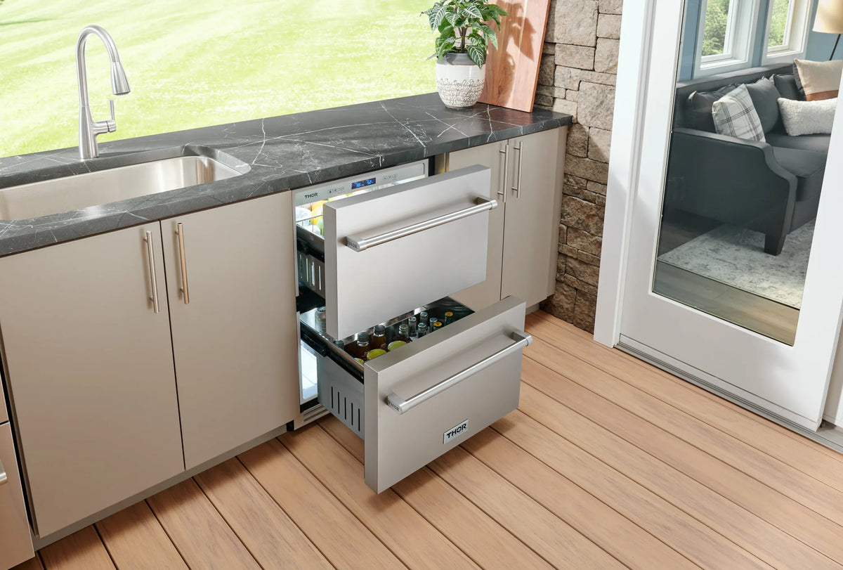 Stainless steel built-in undercounter double drawer refrigerator, both drawers open