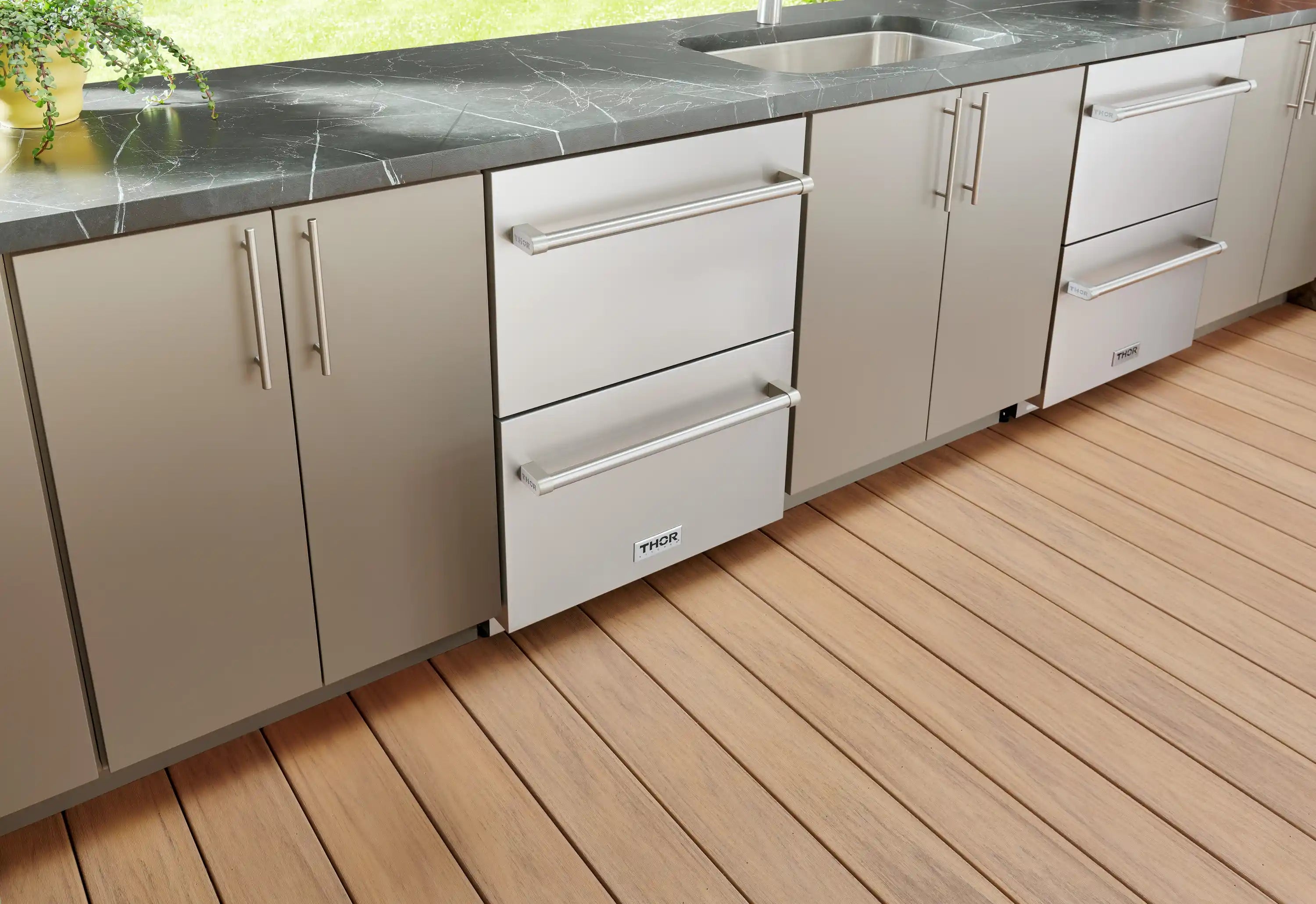 Stainless steel double freezer drawer cabinet with two pull drawers and chrome handles