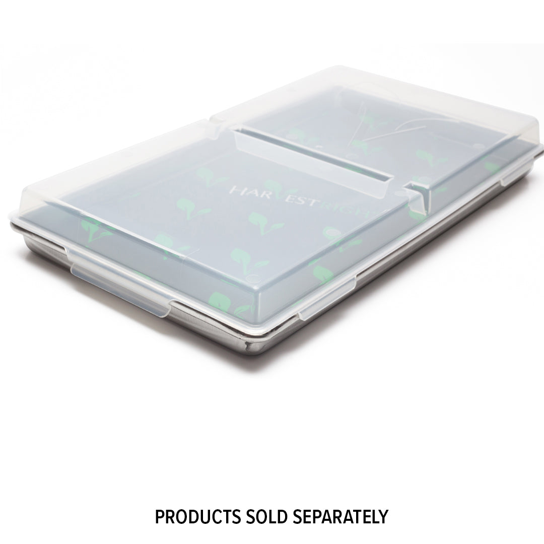Clear lidded Harvest Right freeze dryer tray with faint Harvest Right graphics on lid