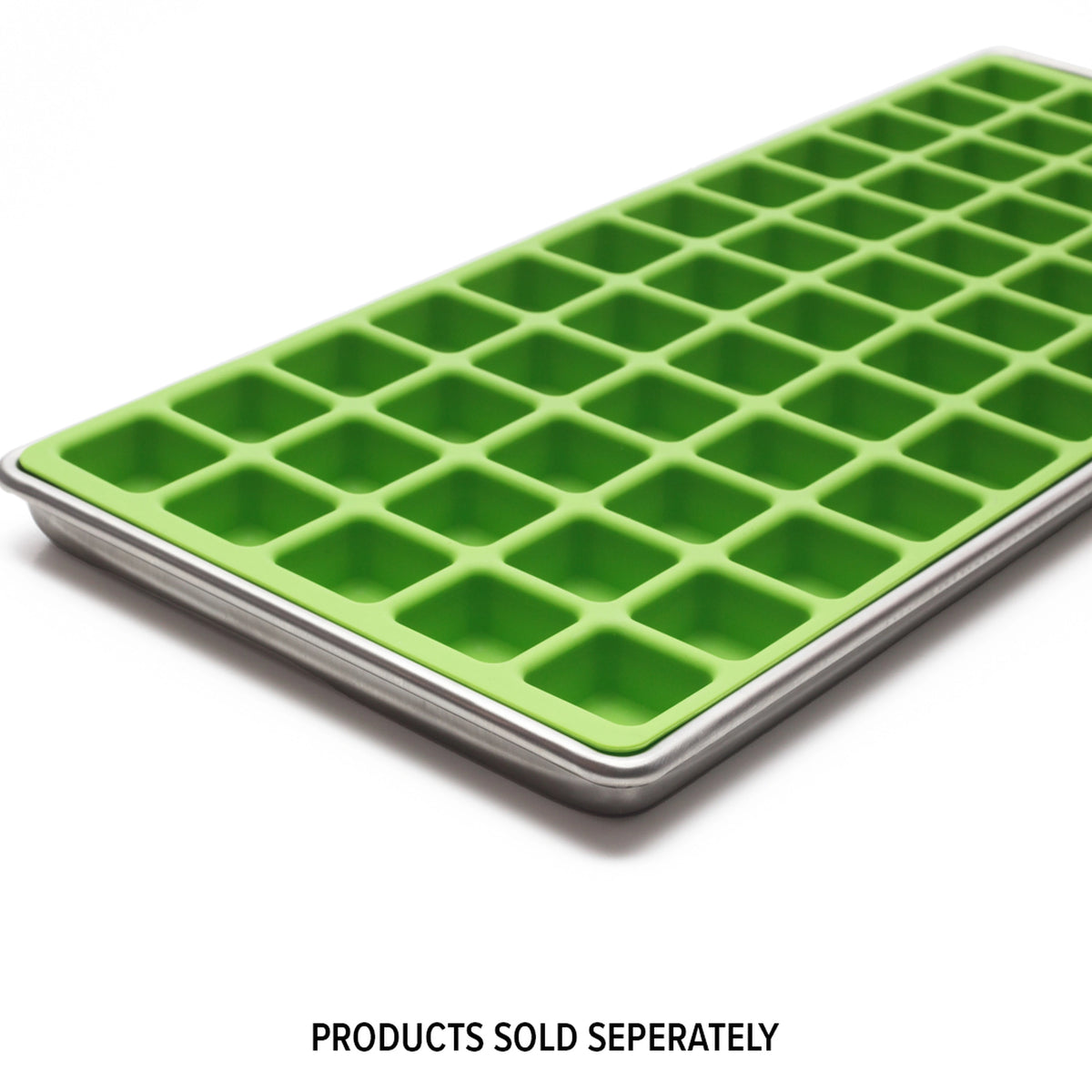 Rectangular freeze dryer tray with bright green grid compartments and metal rim