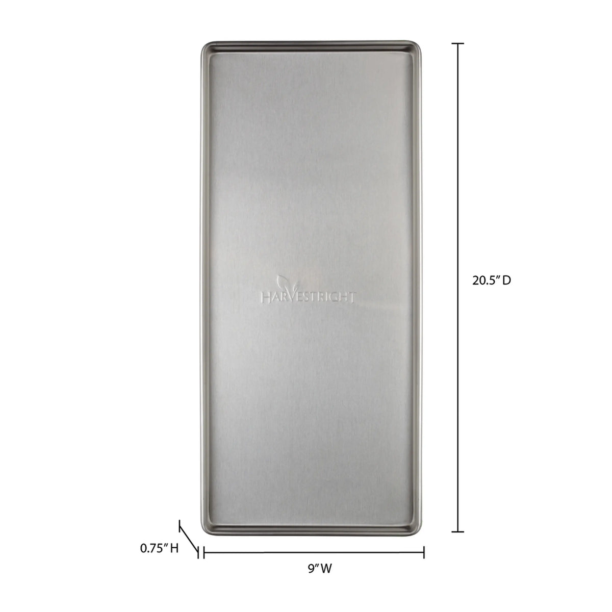 Silver freeze dryer tray, rectangle shape with Harvest Right logo and size guide
