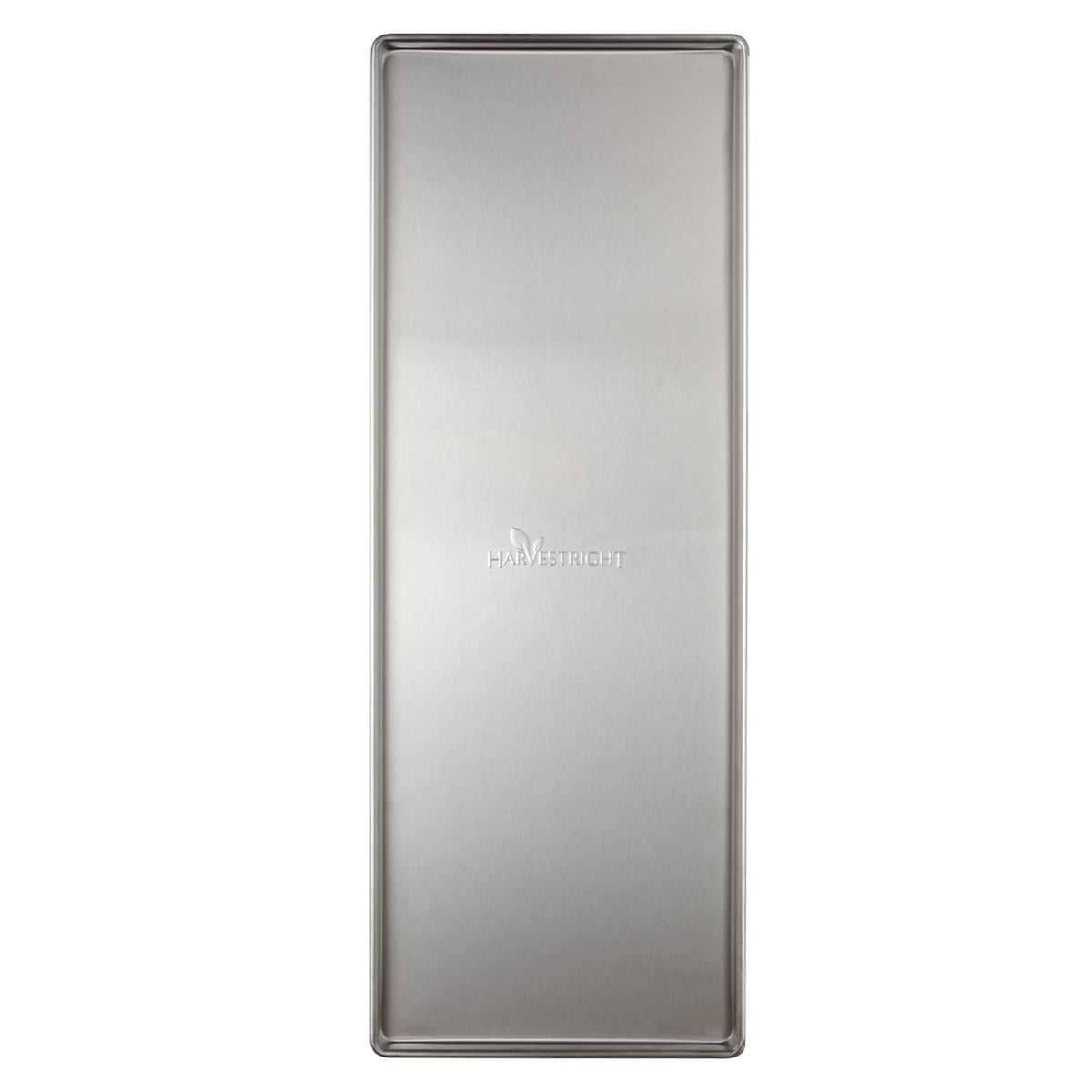 Rectangular freeze dryer tray with brushed metal finish and embossed logo