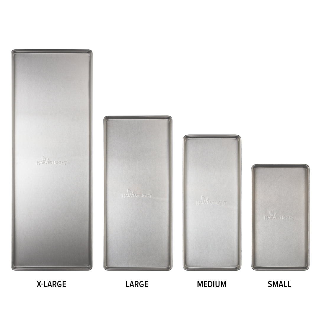 Set of 4 Harvest Right freeze dryer trays in X-Large, Large, Medium, and Small sizes