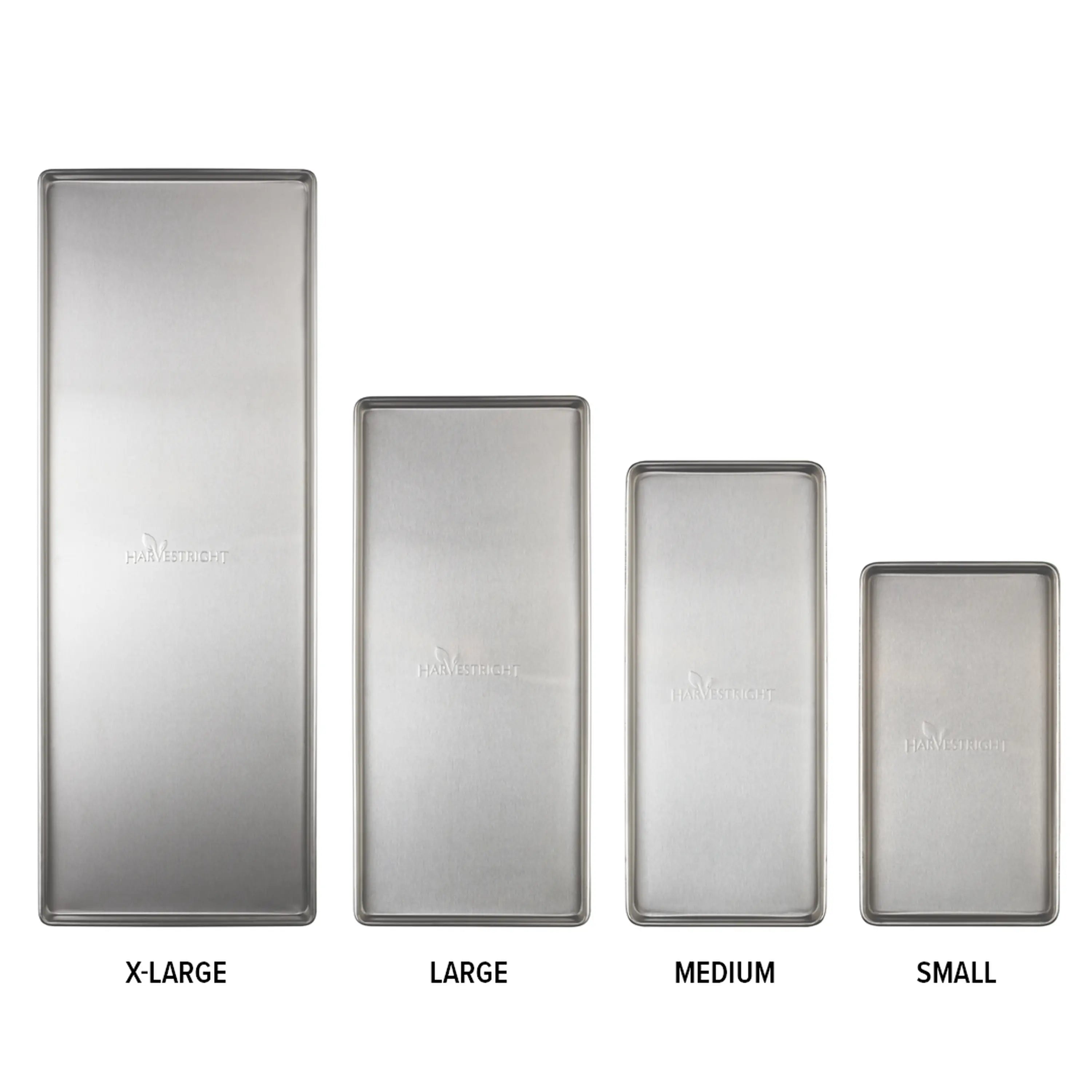 Set of freeze dryer trays labeled X-Large, Large, Medium, Small