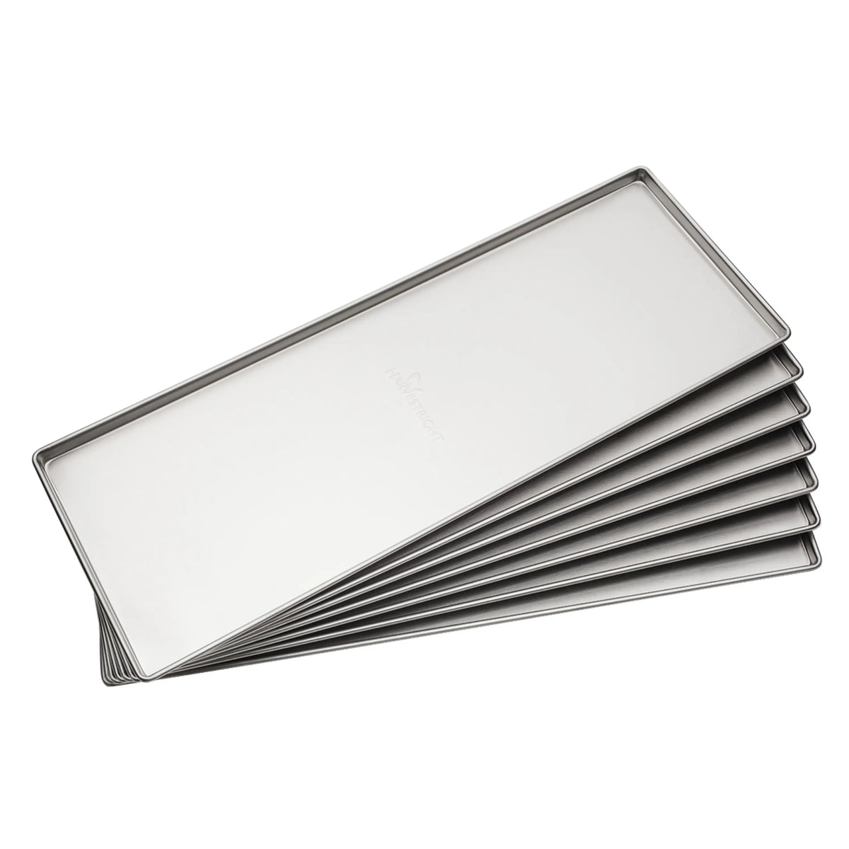 Stack of rectangular freeze dryer trays with brushed metal frames