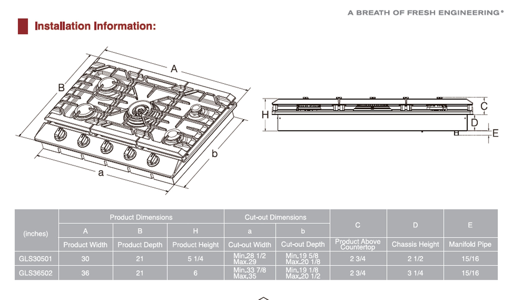 Gas cooktop installation and cutout dimensions diagram with measurement layout