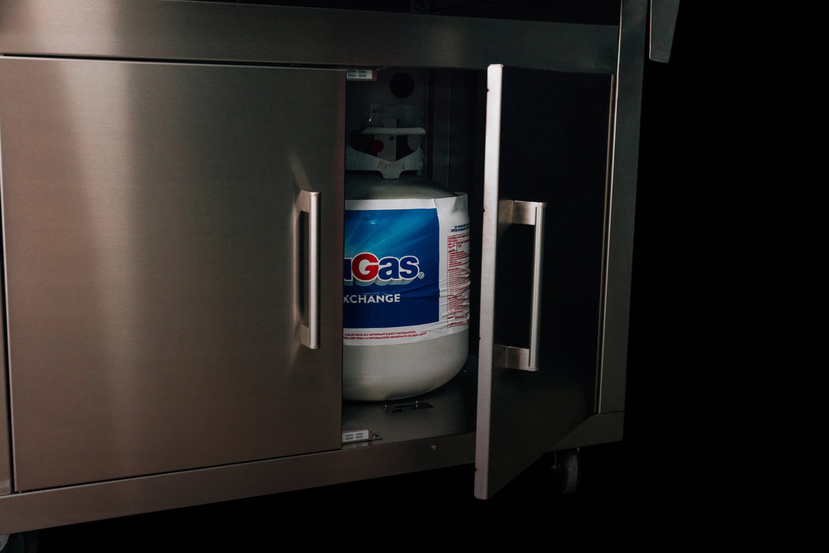 Stainless steel storage cabinet with propane tank and regulator inside