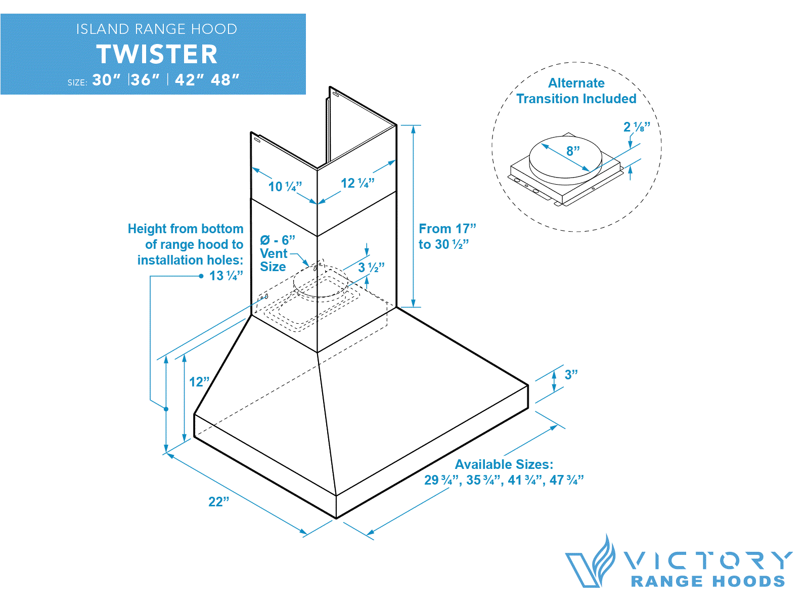 Technical dimension diagram for an island range hood installation and vent placement