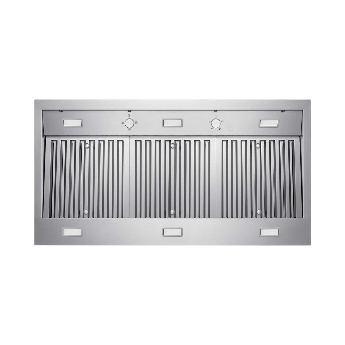 Bottom view of stainless steel range hood with vent filter grille and control knobs