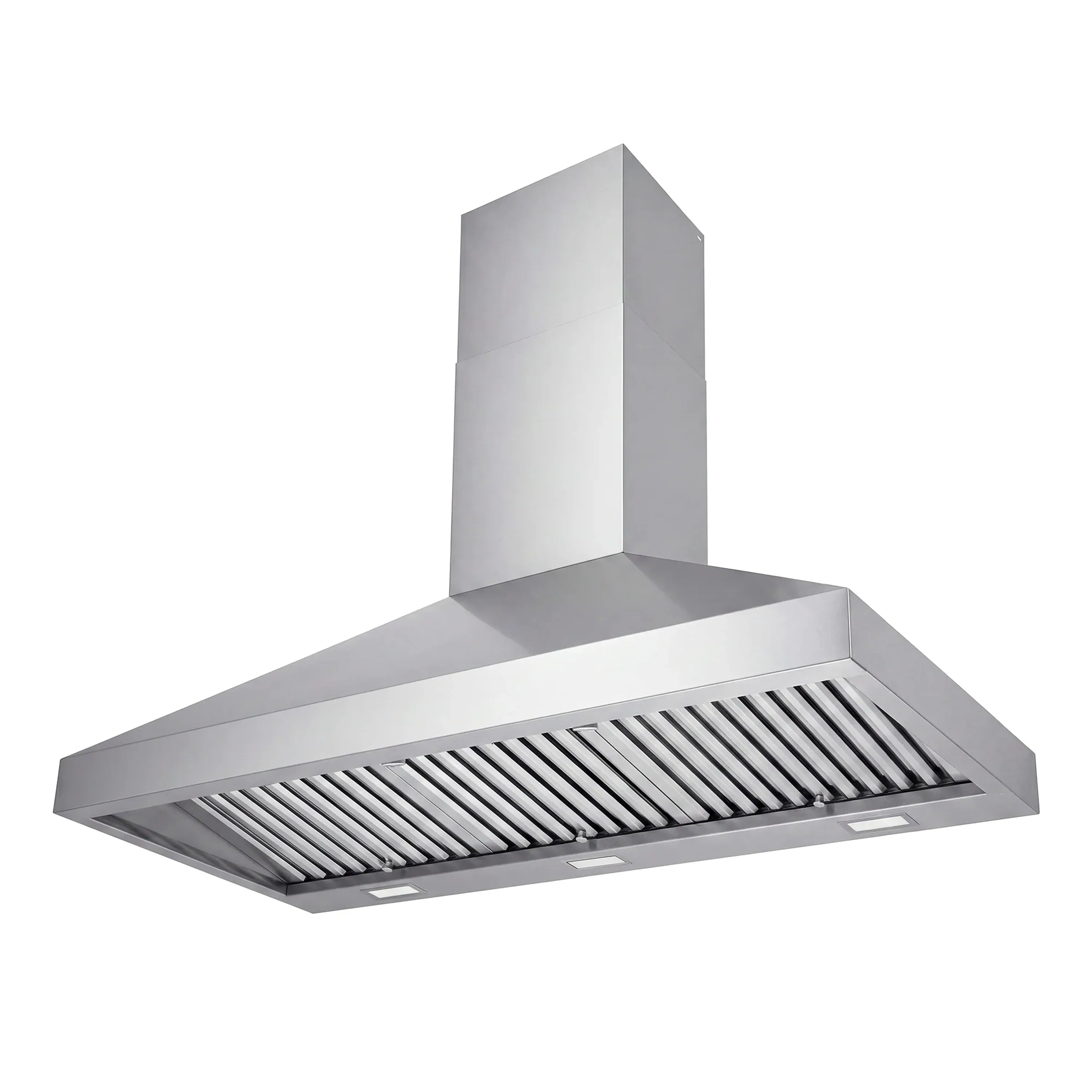 Stainless steel wall-mount range hood with vented grille and chimney stack