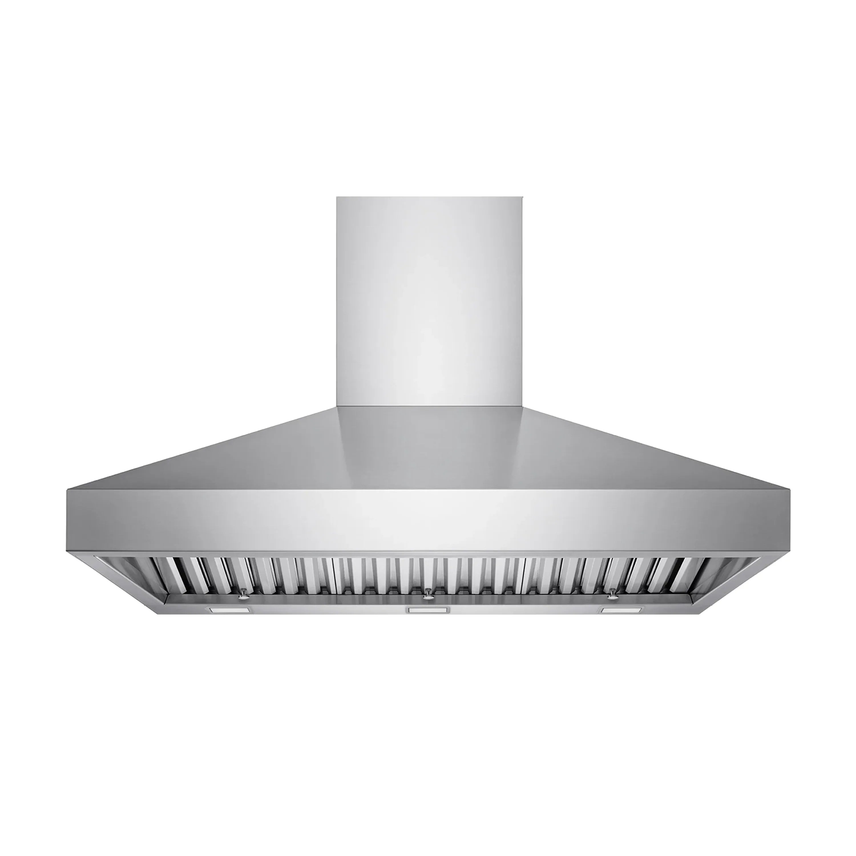 Stainless steel range hood with vented baffle grille and straight chimney column