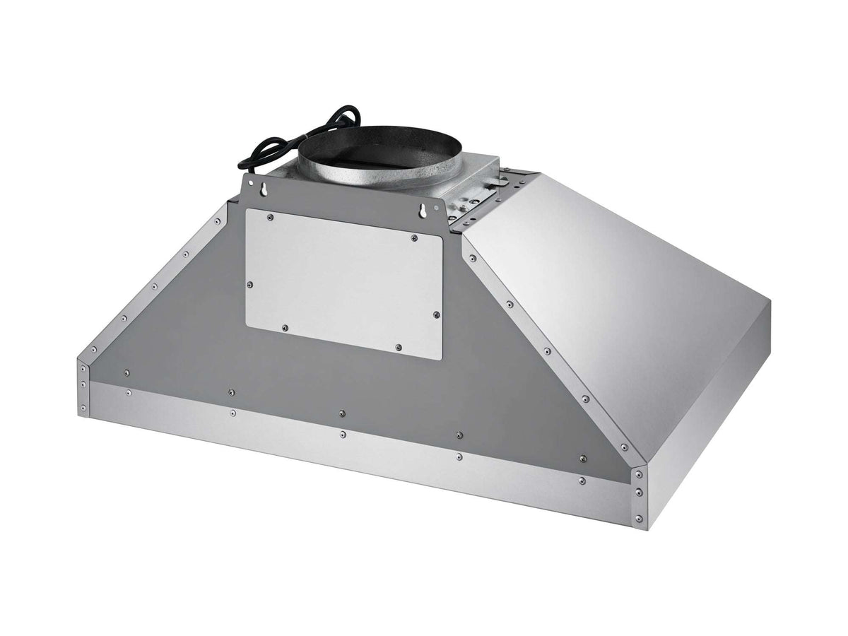 Stainless steel range hood blower housing with hinged service access cover