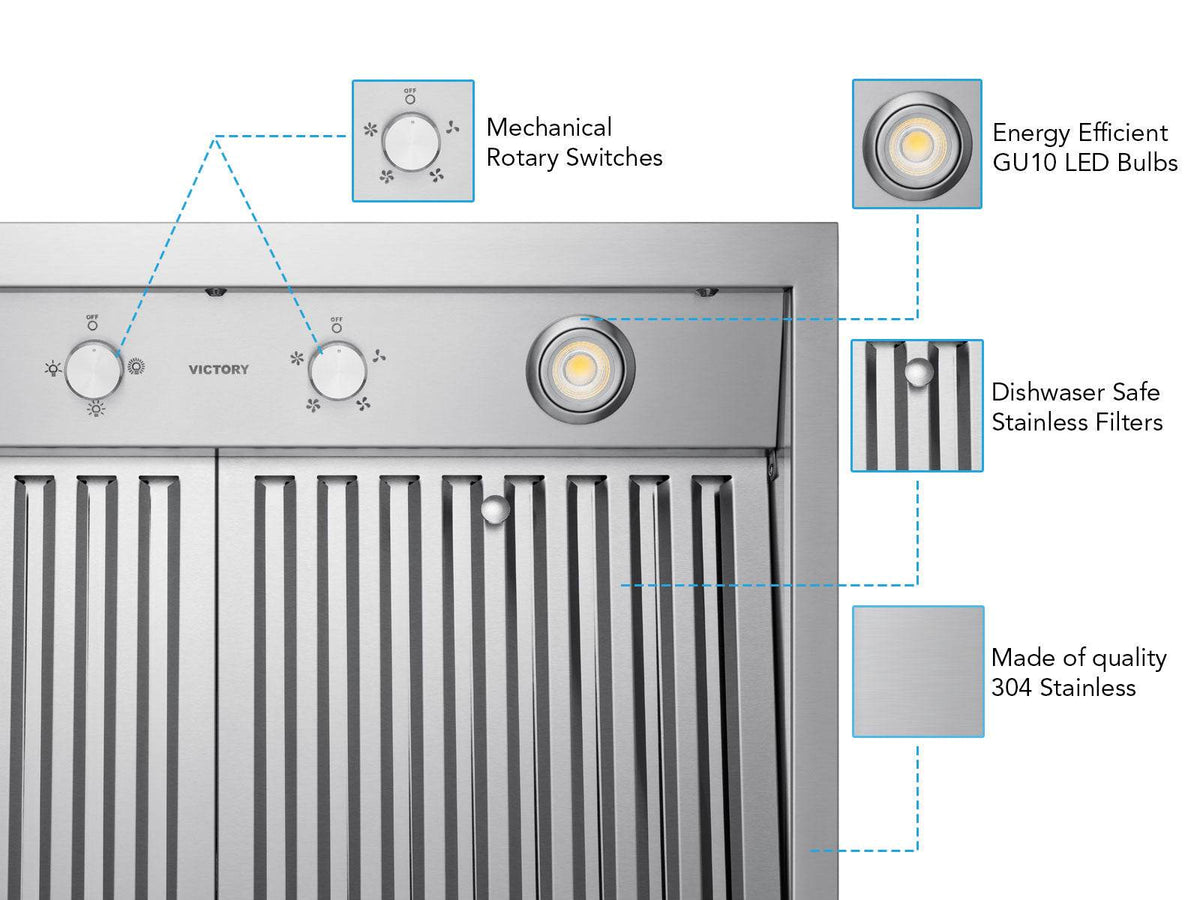 Stainless steel range hood with rotary switches and front baffle stainless filters