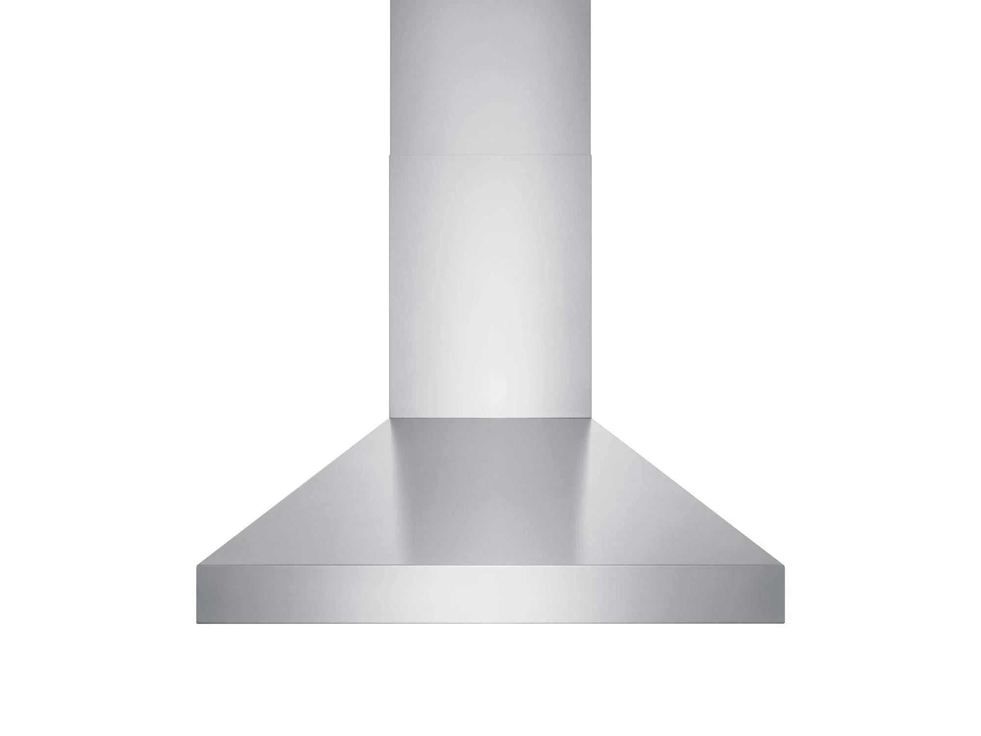 Tall stainless steel chimney range hood with wide flue cover