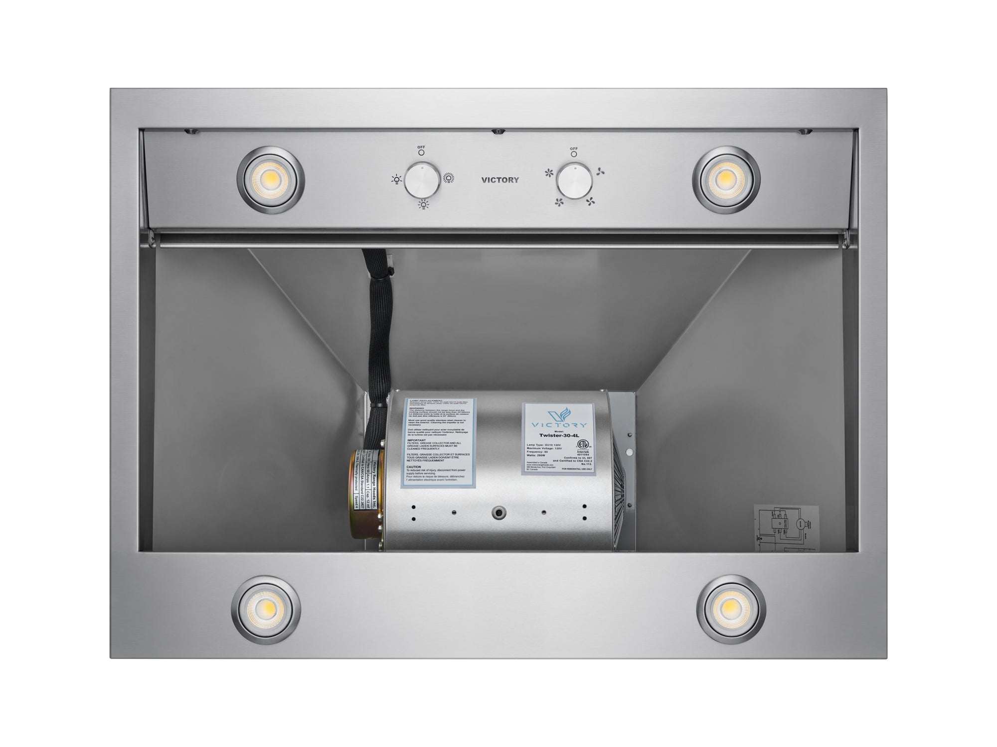 Stainless steel range hood interior showing fan housing and wiring compartment