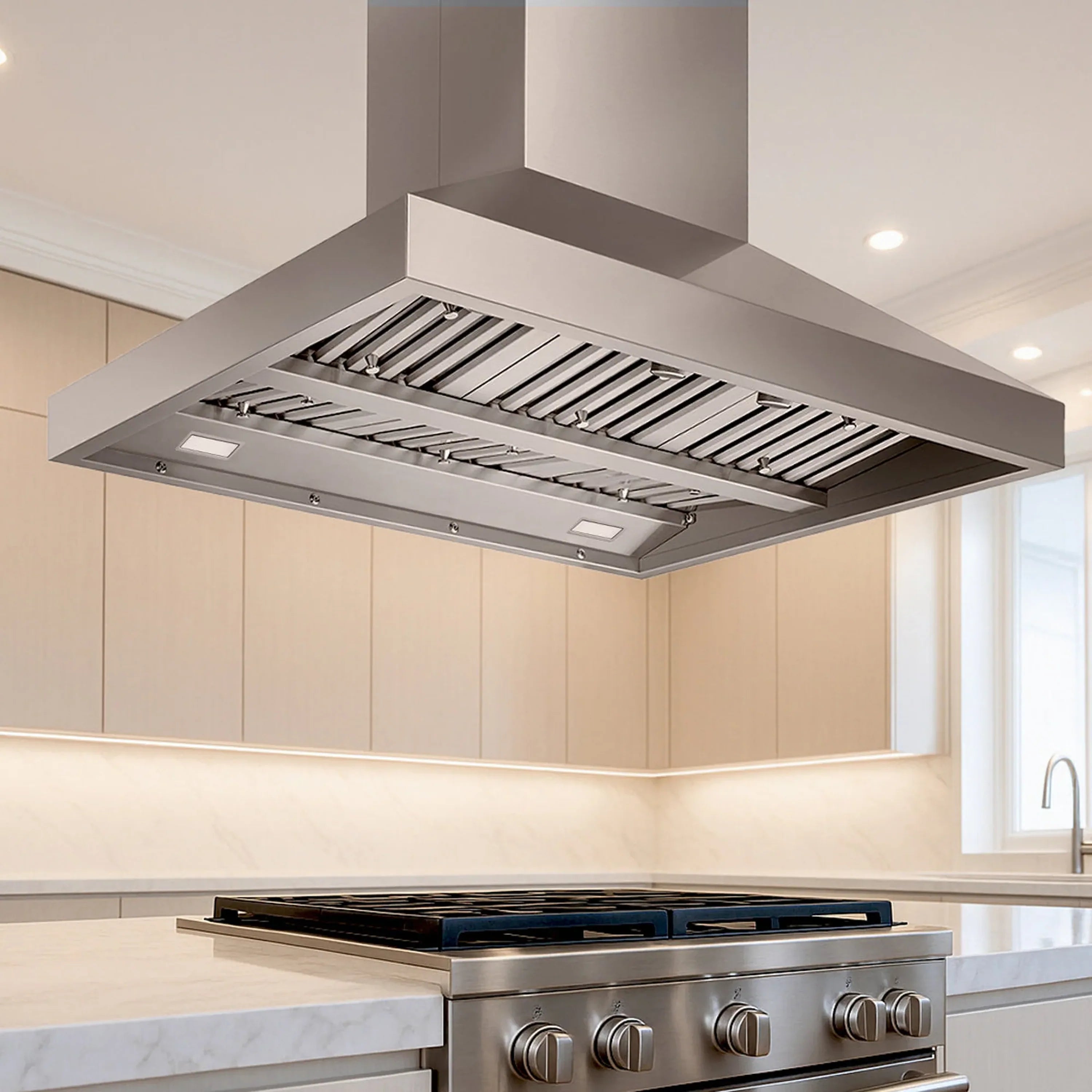 Stainless steel island range hood over cooktop with visible baffle filters
