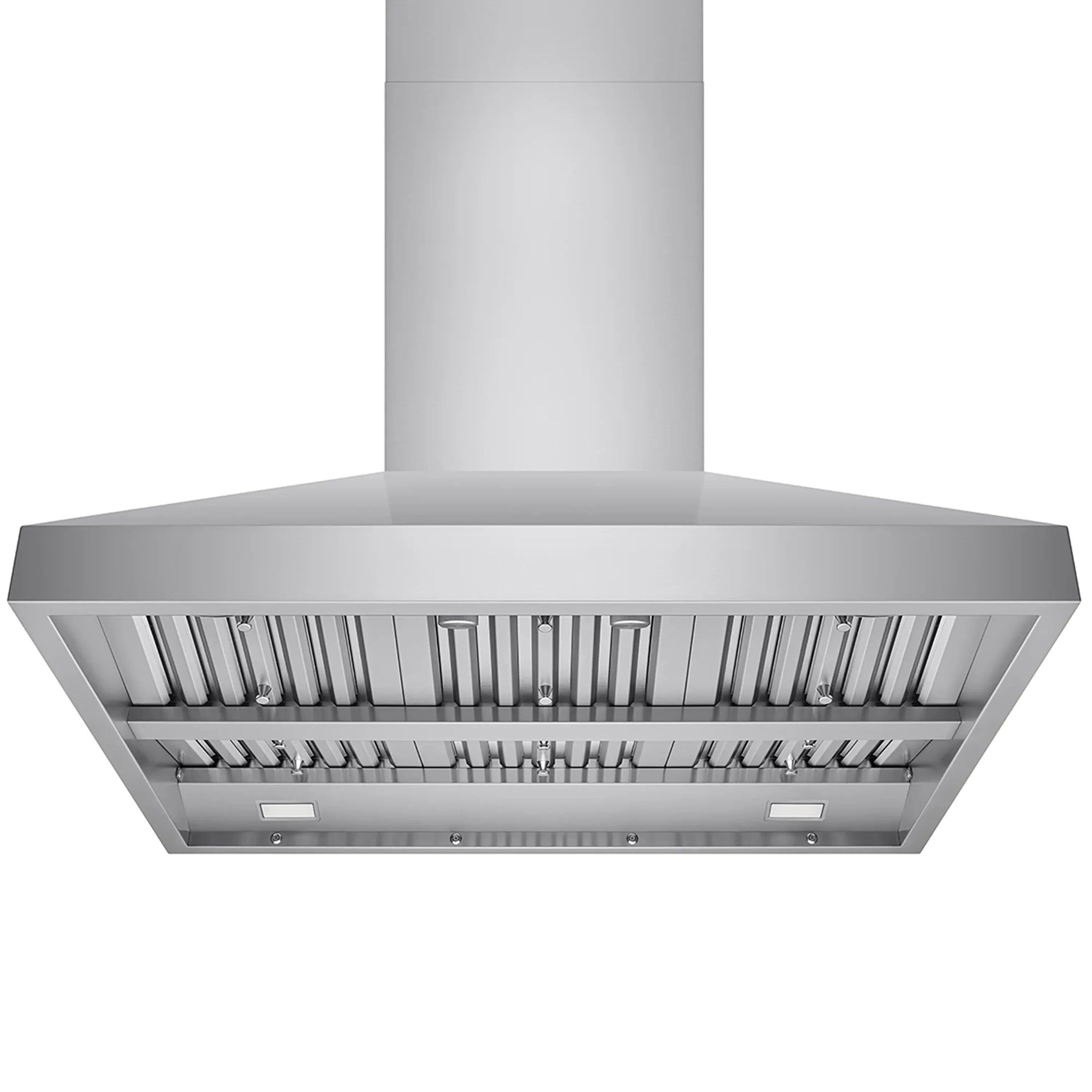 Stainless steel island range hood with baffle filters and front control panel