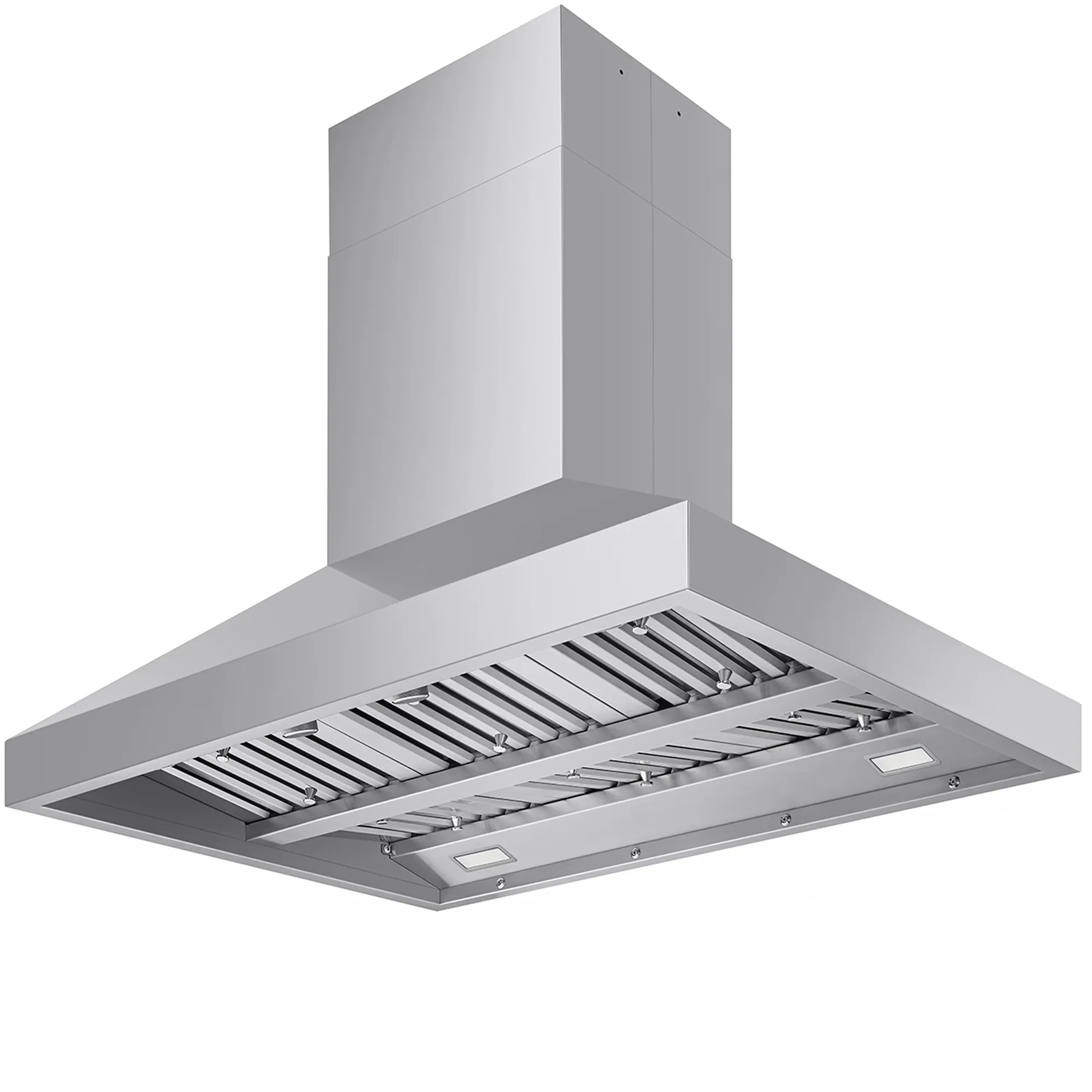 Stainless steel island range hood with baffle filter grille and recessed LED lights