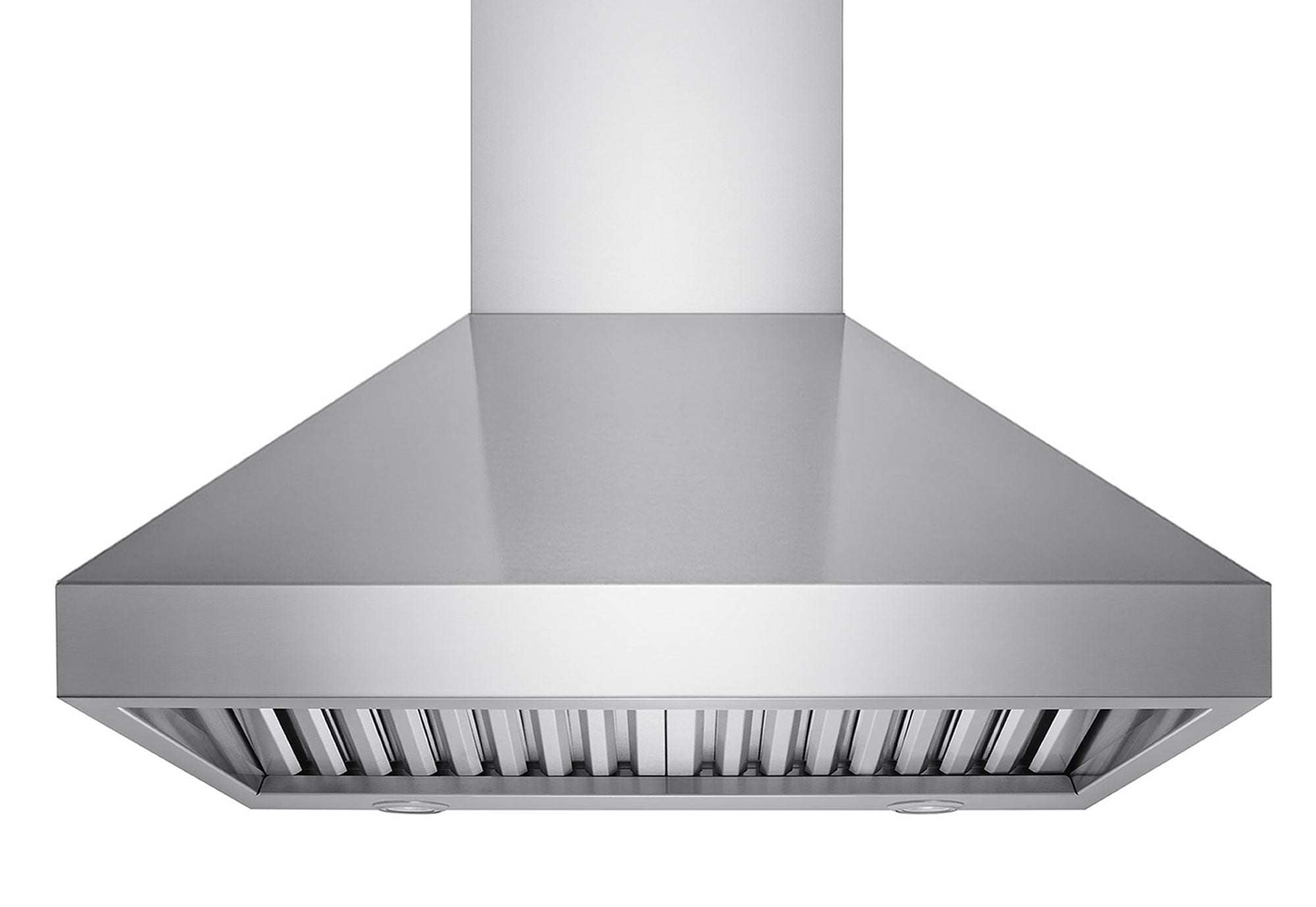 Stainless steel wall-mount range hood with wide canopy and front baffle filters