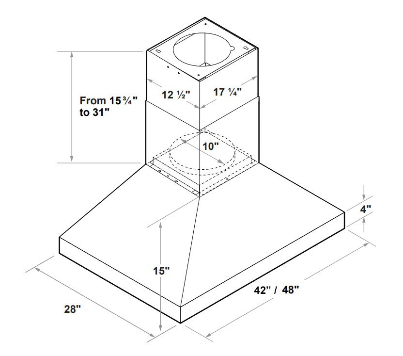 Range hood dimensions diagram showing hood height, width, and mounting clearances