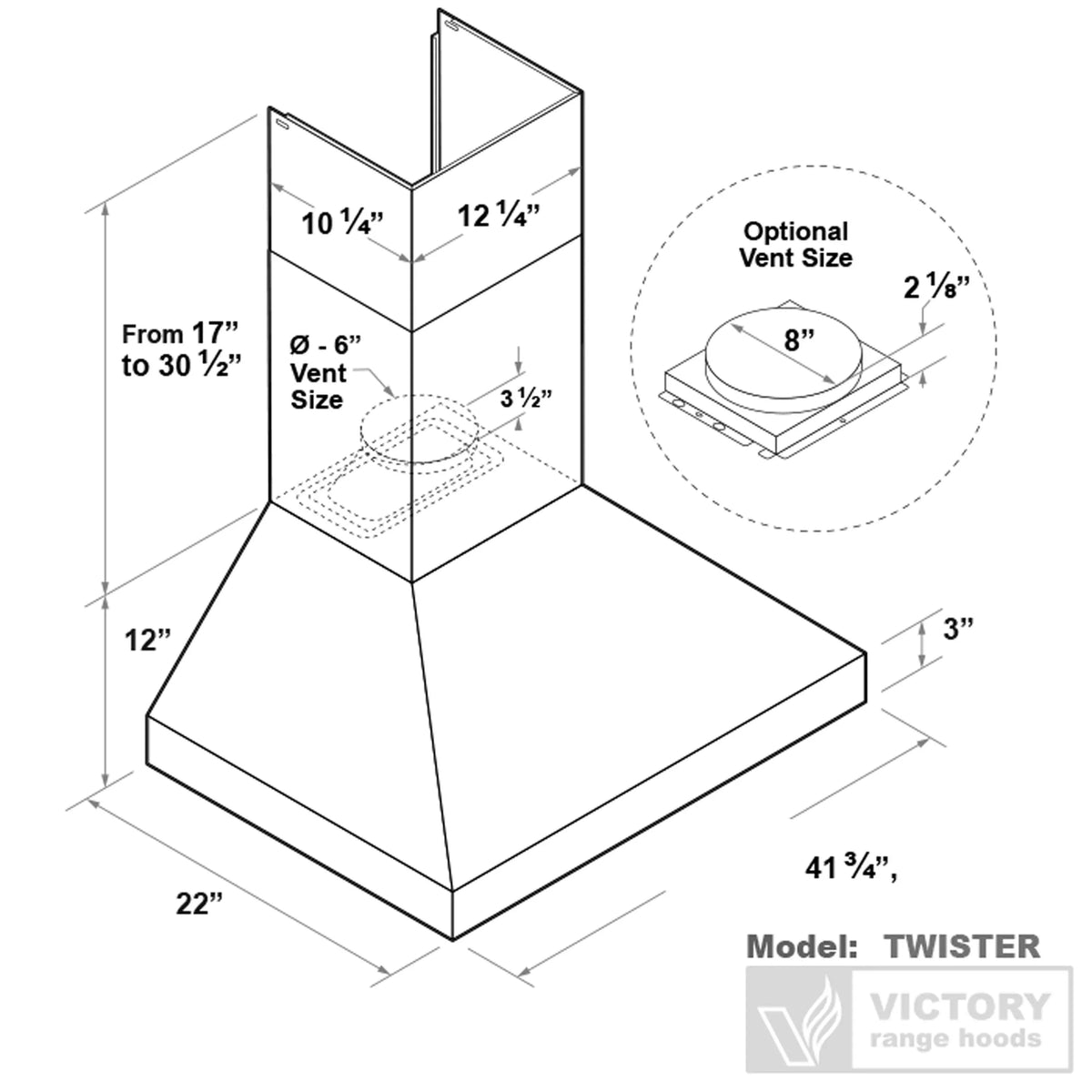 Range hood TWISTER model size diagram showing chimney and hood dimensions