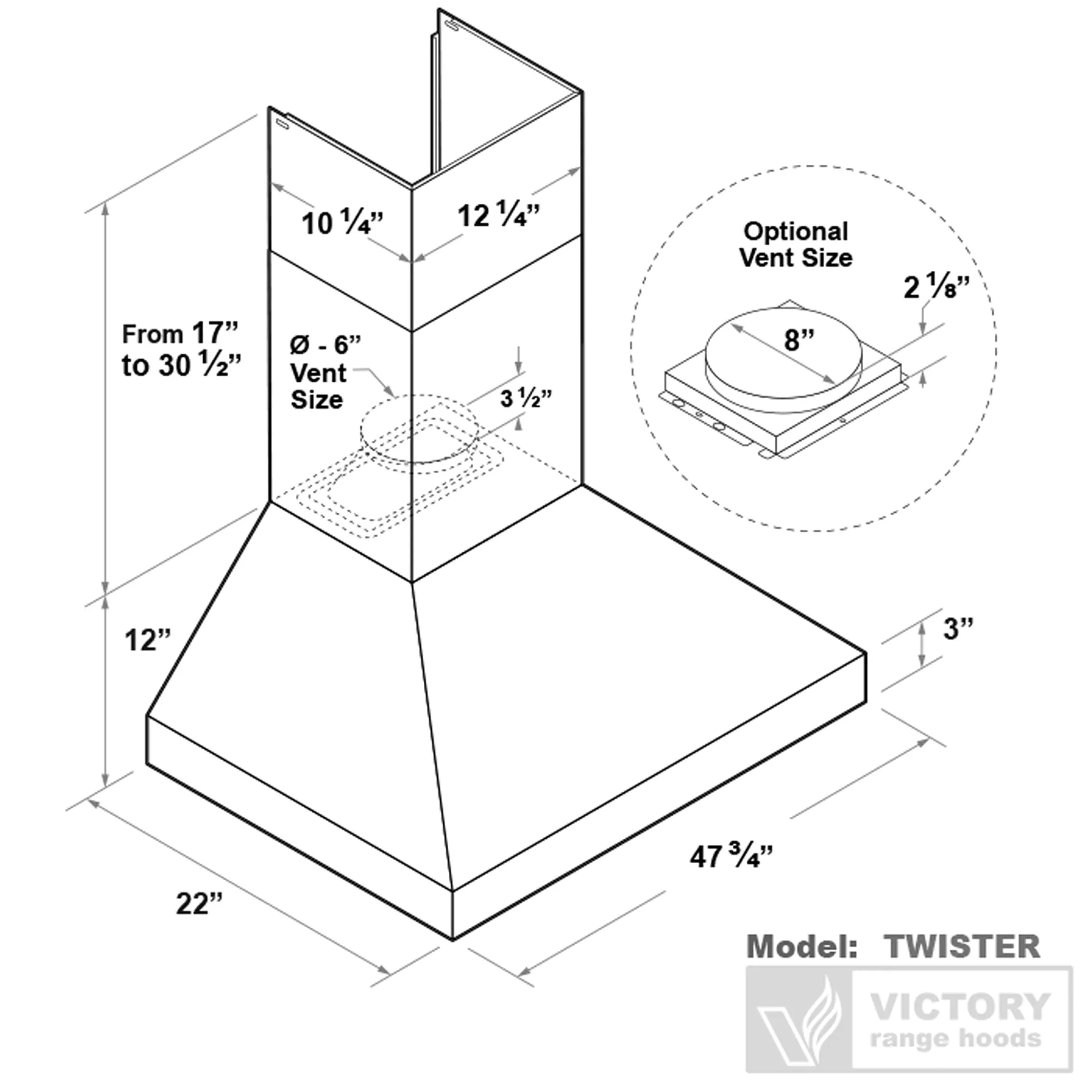 Stainless steel wall-mount range hood size diagram with model label