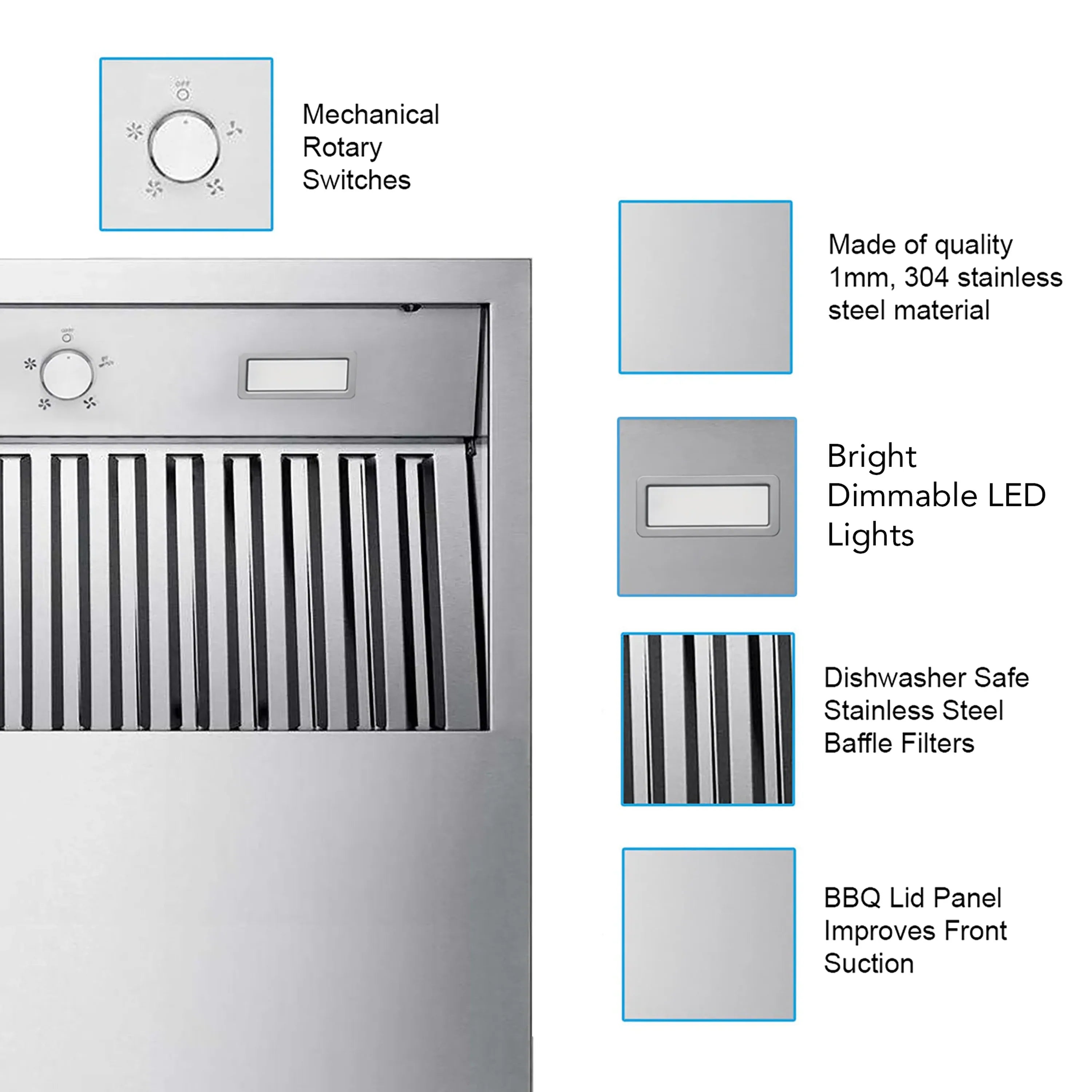 Outdoor BBQ range hood with rotary switch control panel and slotted stainless baffle filters