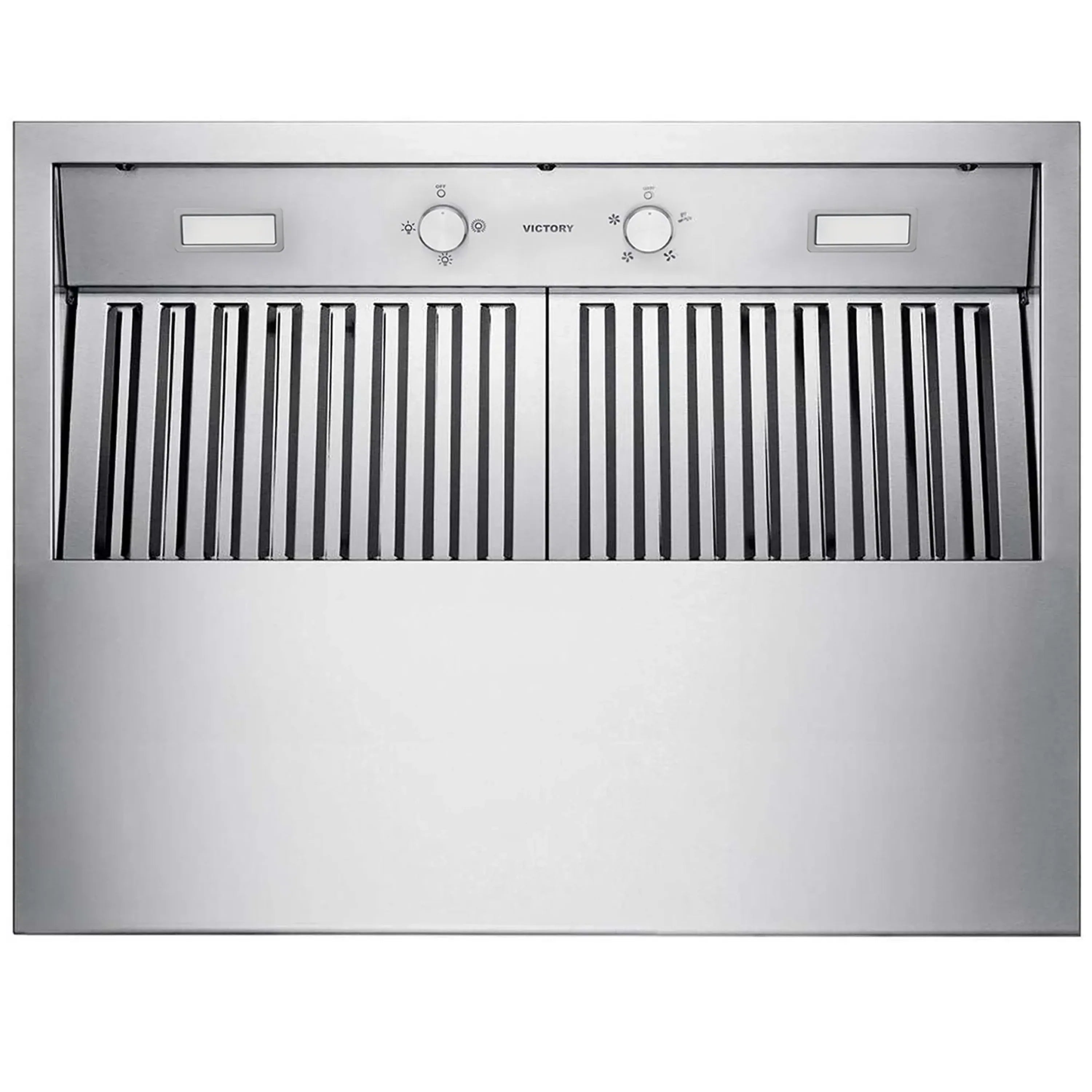 Stainless steel BBQ range hood front with baffle filter grille and two rectangular light windows