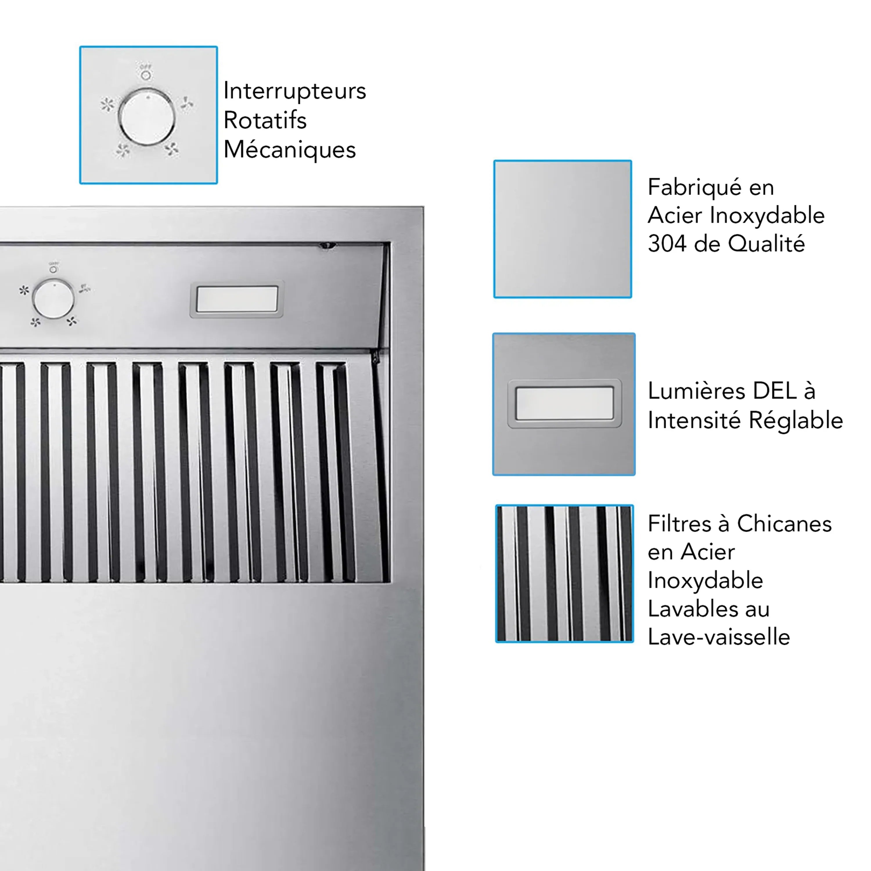 Stainless steel BBQ range hood front panel with rotary controls and vertical baffle filter bars