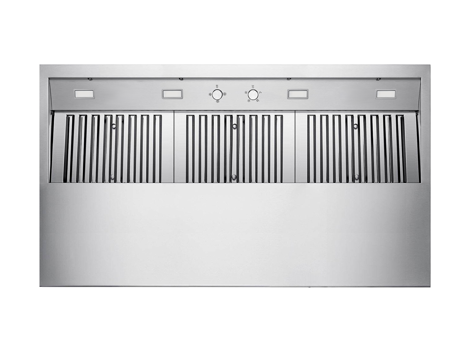 Wall-mount outdoor range hood underside showing control dials and baffle filter grille.