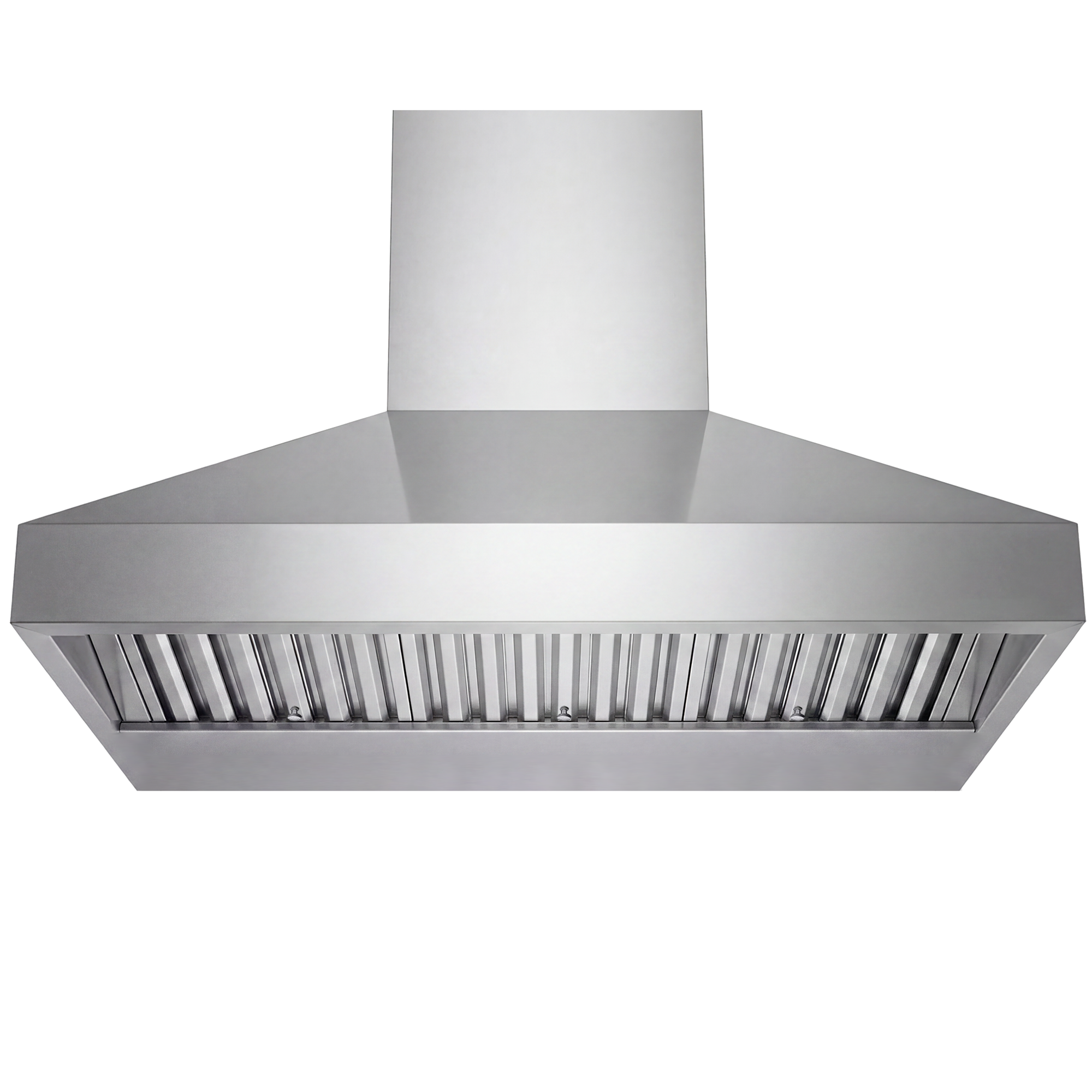 Wall-mount chimney range hood underside view with stainless slatted baffle filters.