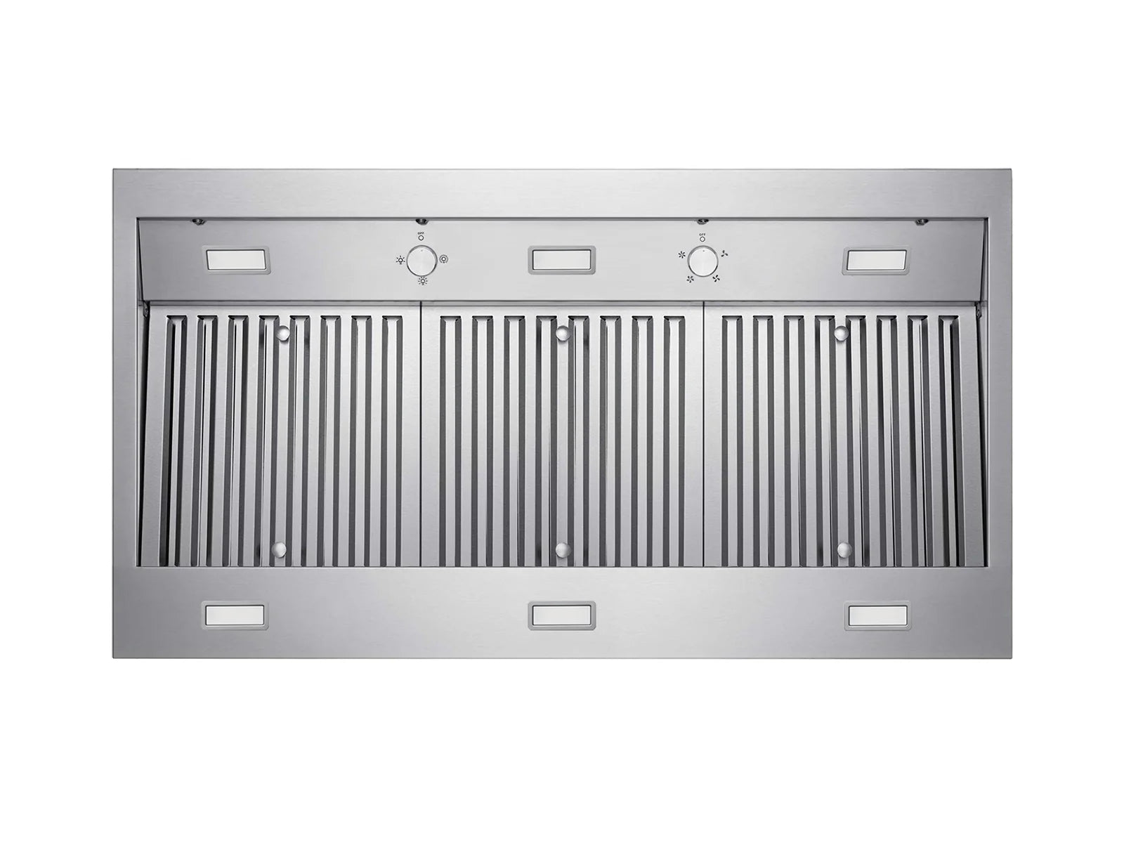 Stainless steel wall range hood front panel with vertical grille and control dials
