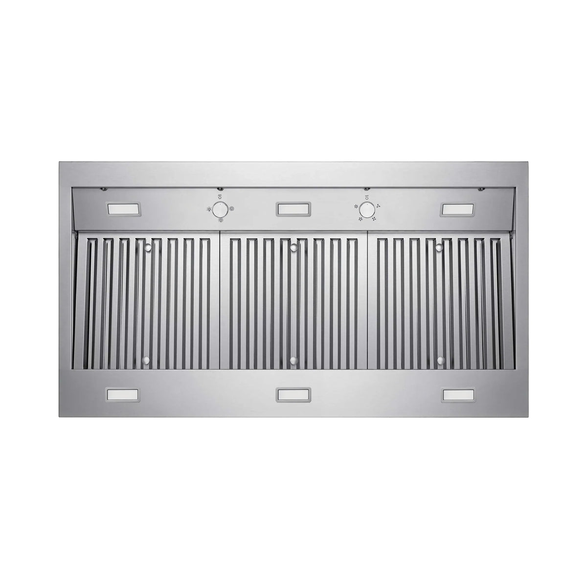 Stainless steel wall-mount range hood front with baffle filter slats