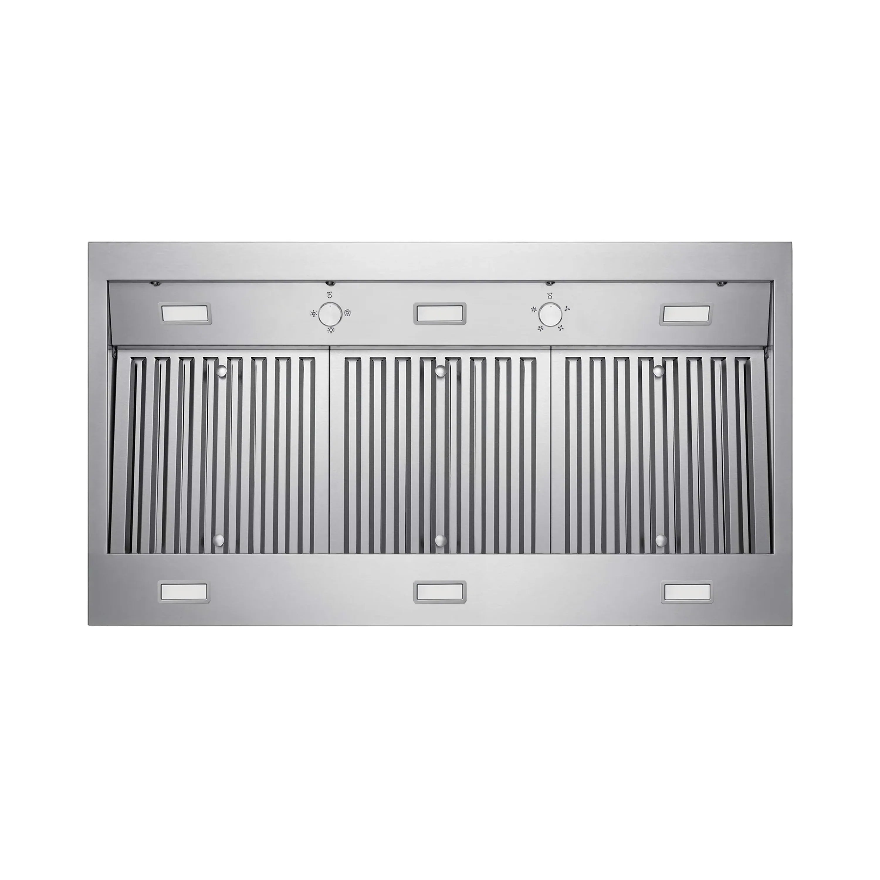 Stainless steel wall mount range hood with slotted baffle filter grille