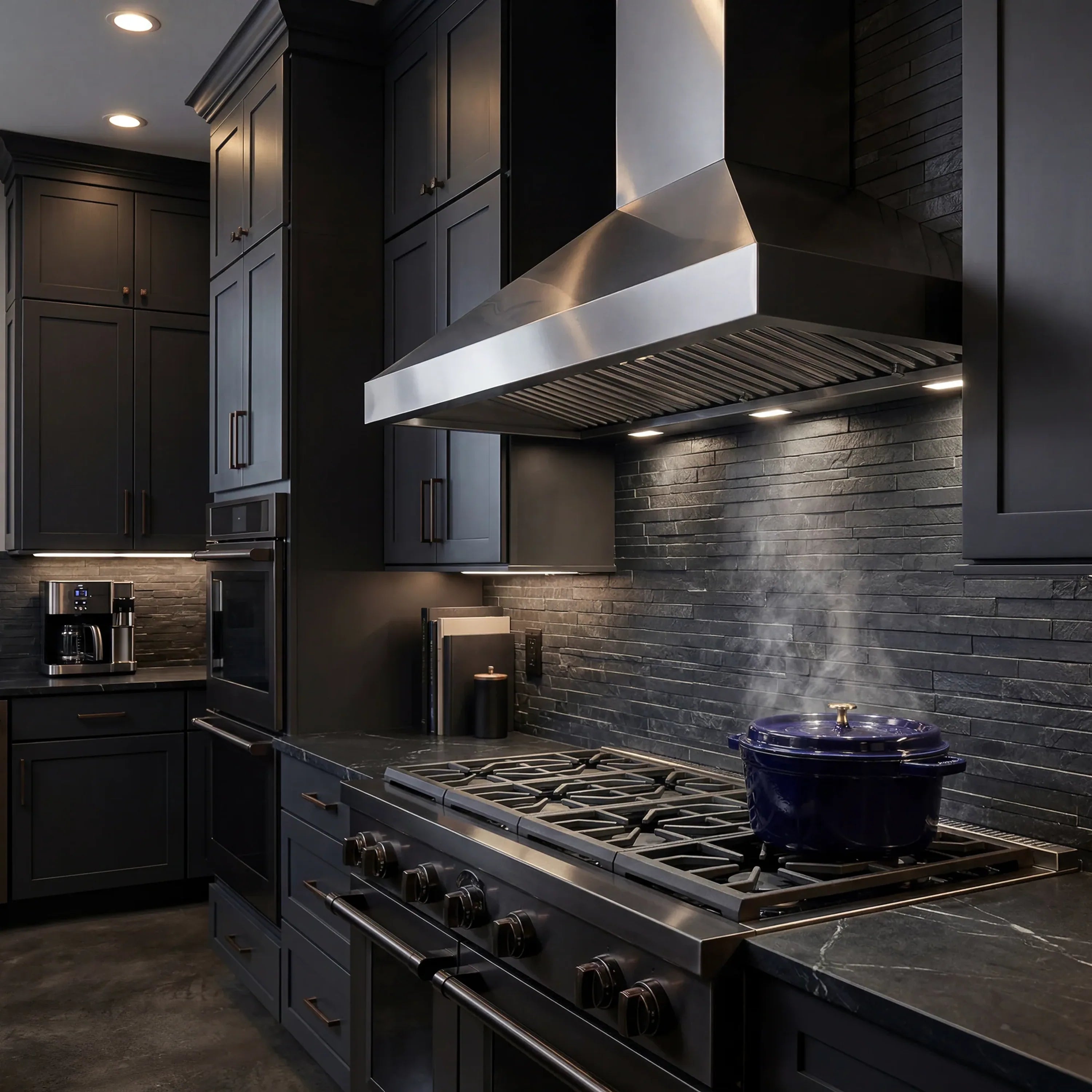 Stainless steel wall mount range hood with vented underside and baffle filters