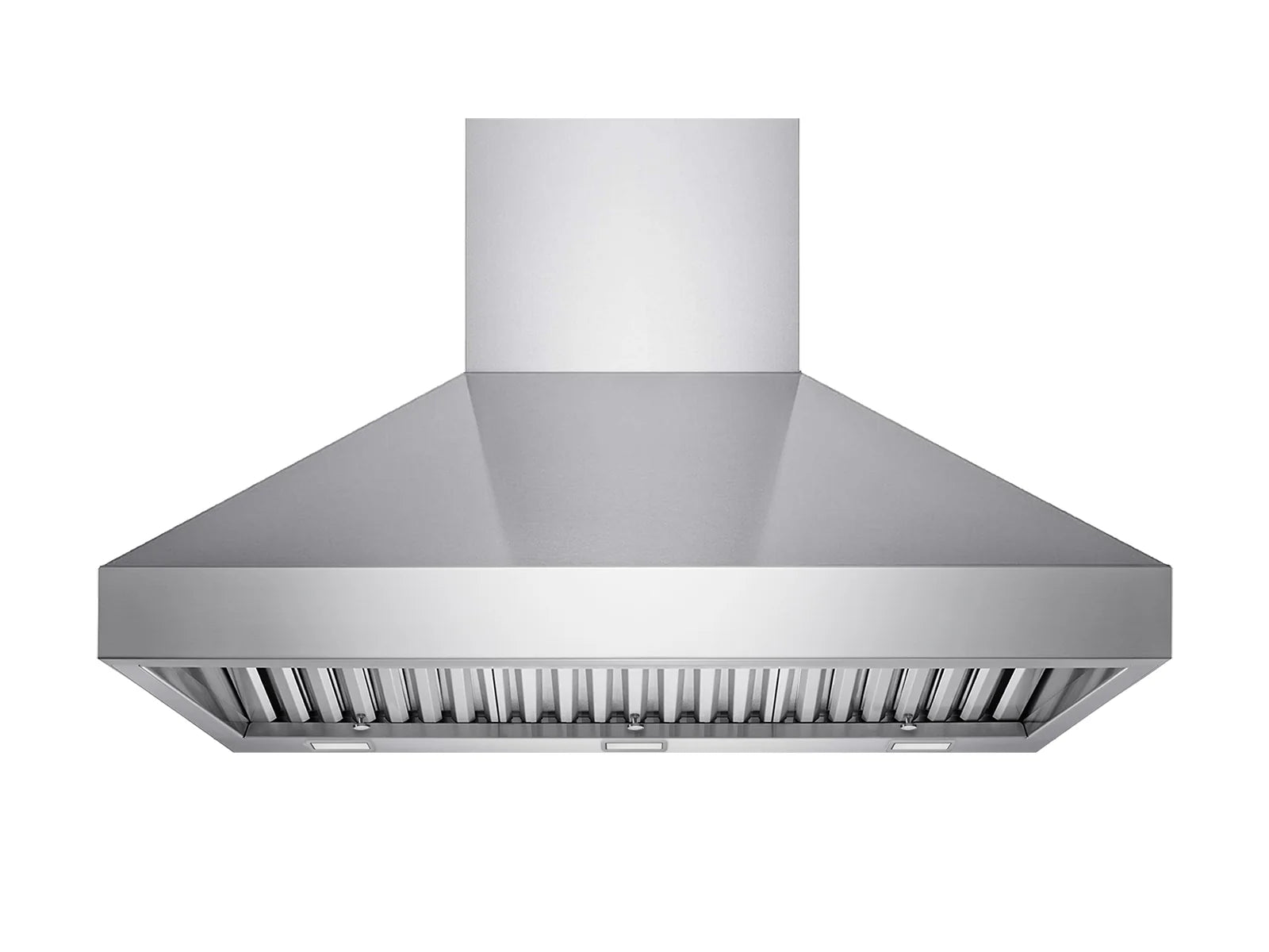 Wall-mount range hood with stainless steel canopy and vertical vent filter strips