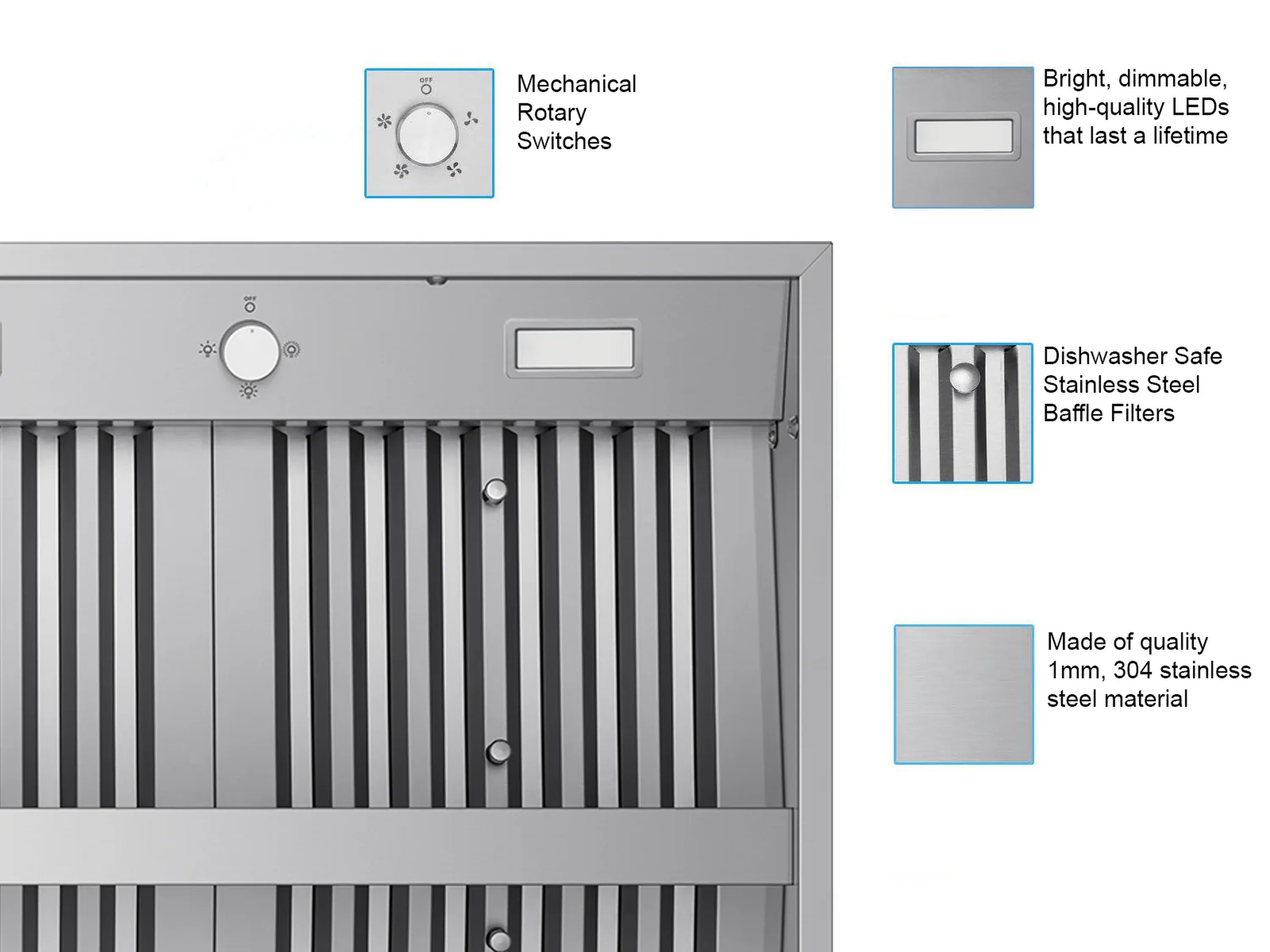 Range hood front panel with controls and baffle filter design shown in callouts